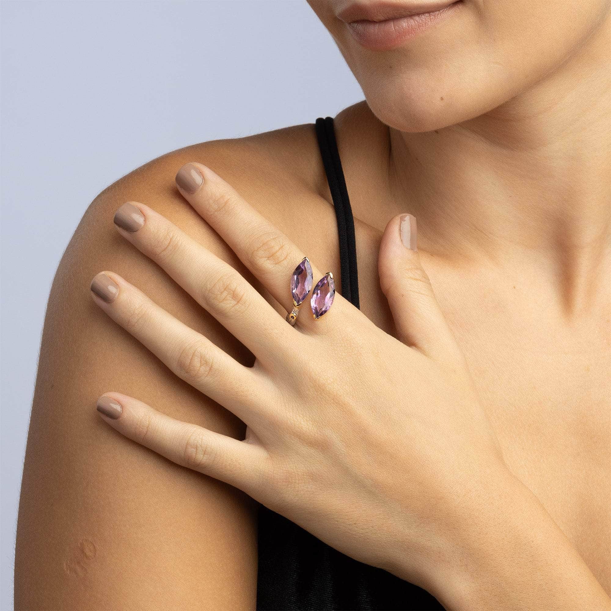 Rauge Open Band Symmetric Design Natural Amethyst Ring in 925 Sterling Silver (White Rhodium & 18K Gold-Plated)