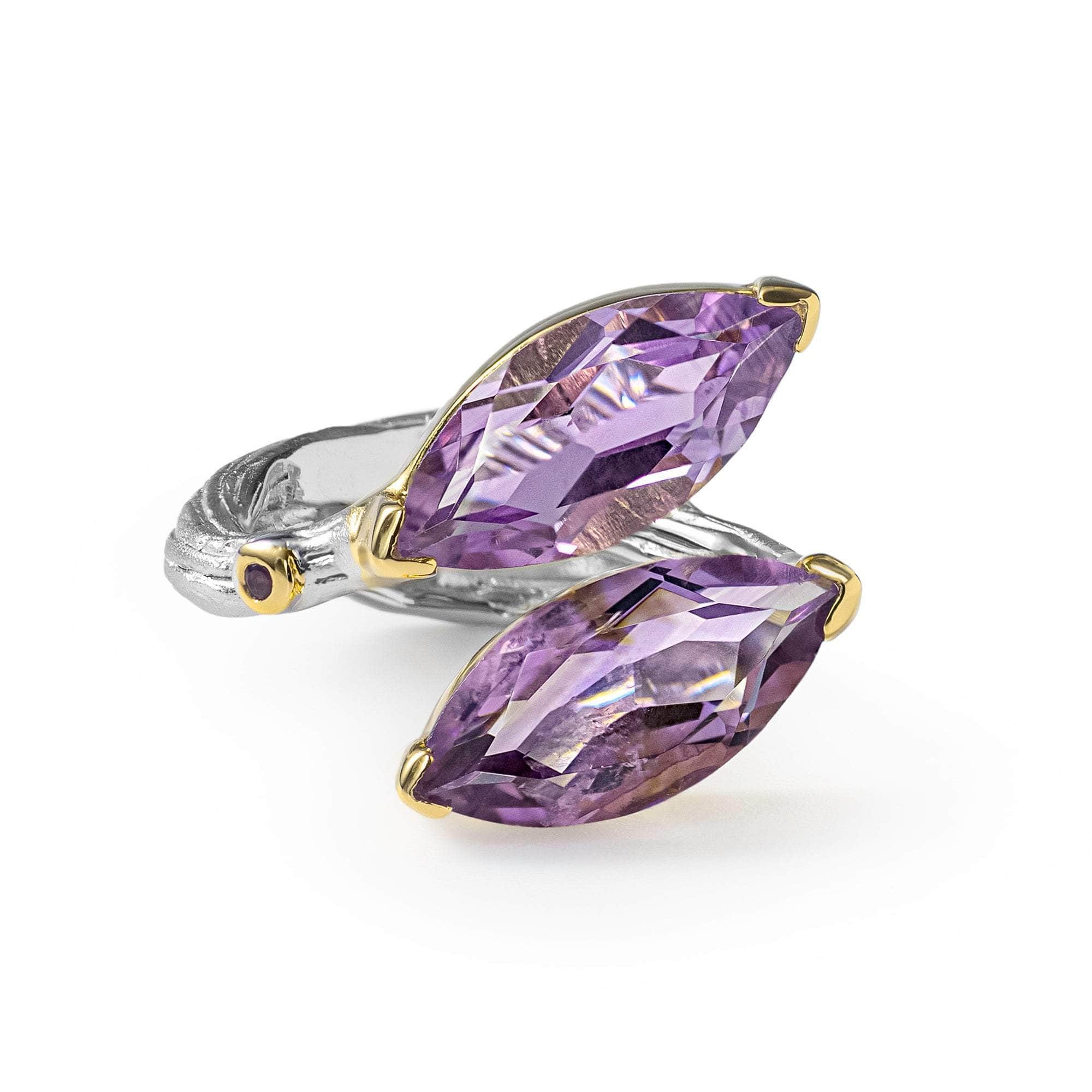 Rauge Open Band Symmetric Design Natural Amethyst Ring in 925 Sterling Silver (White Rhodium & 18K Gold-Plated)