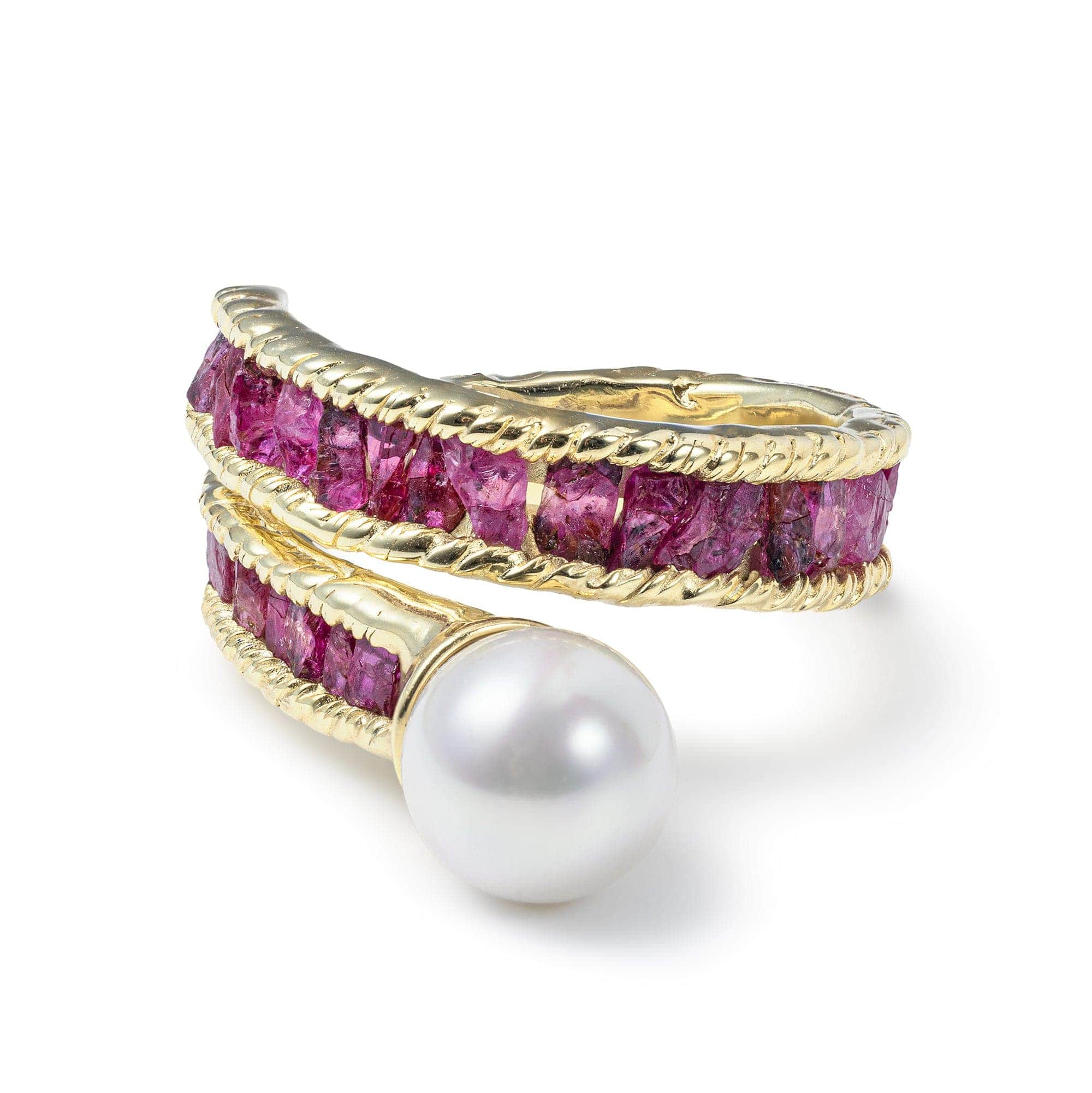 Rhea 925 Silver Handmade Ring with Raw Rubies and Cultured Pearl
