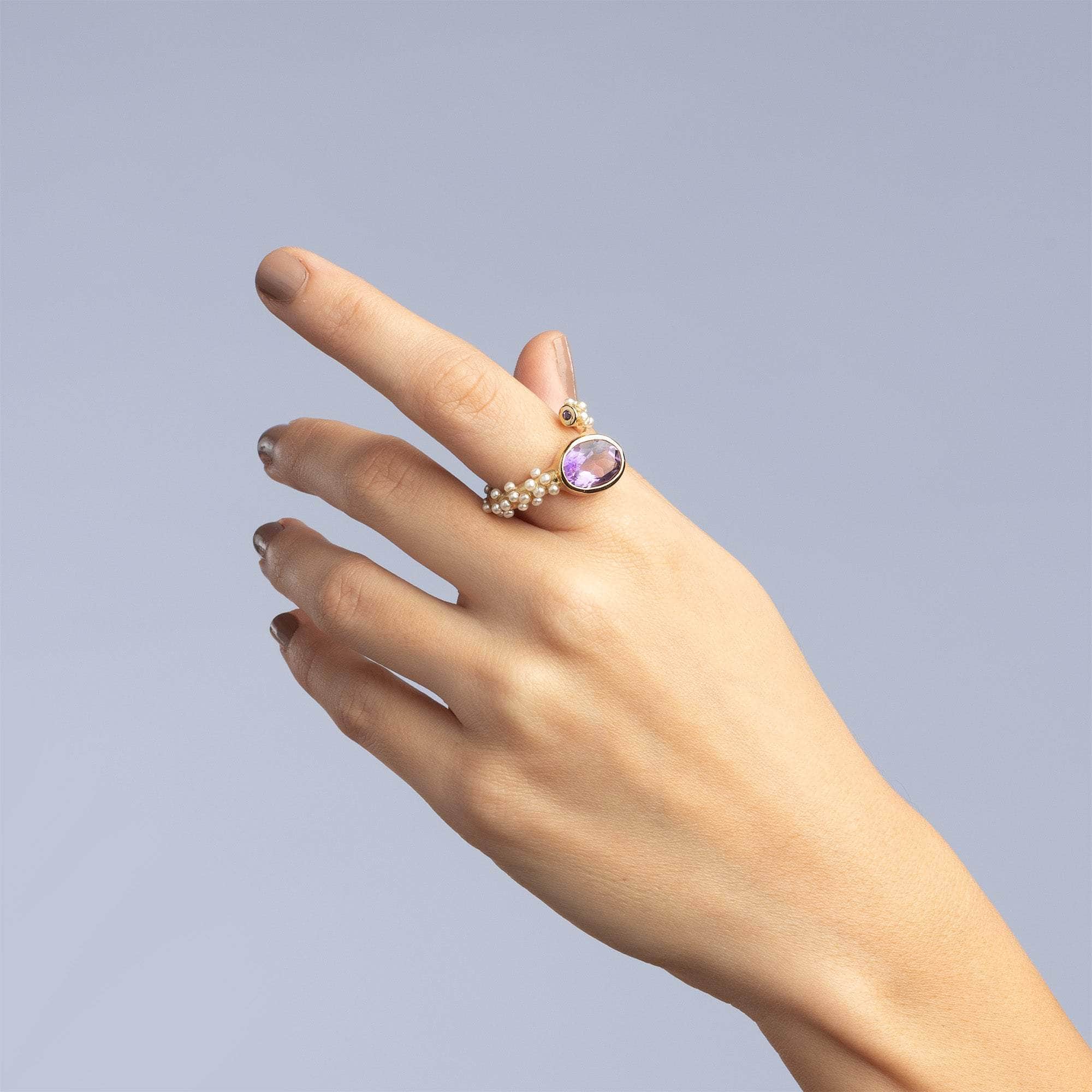 Rongo Contemporary Open Band Silver Ring with Natural Amethyst & Micro Pearls