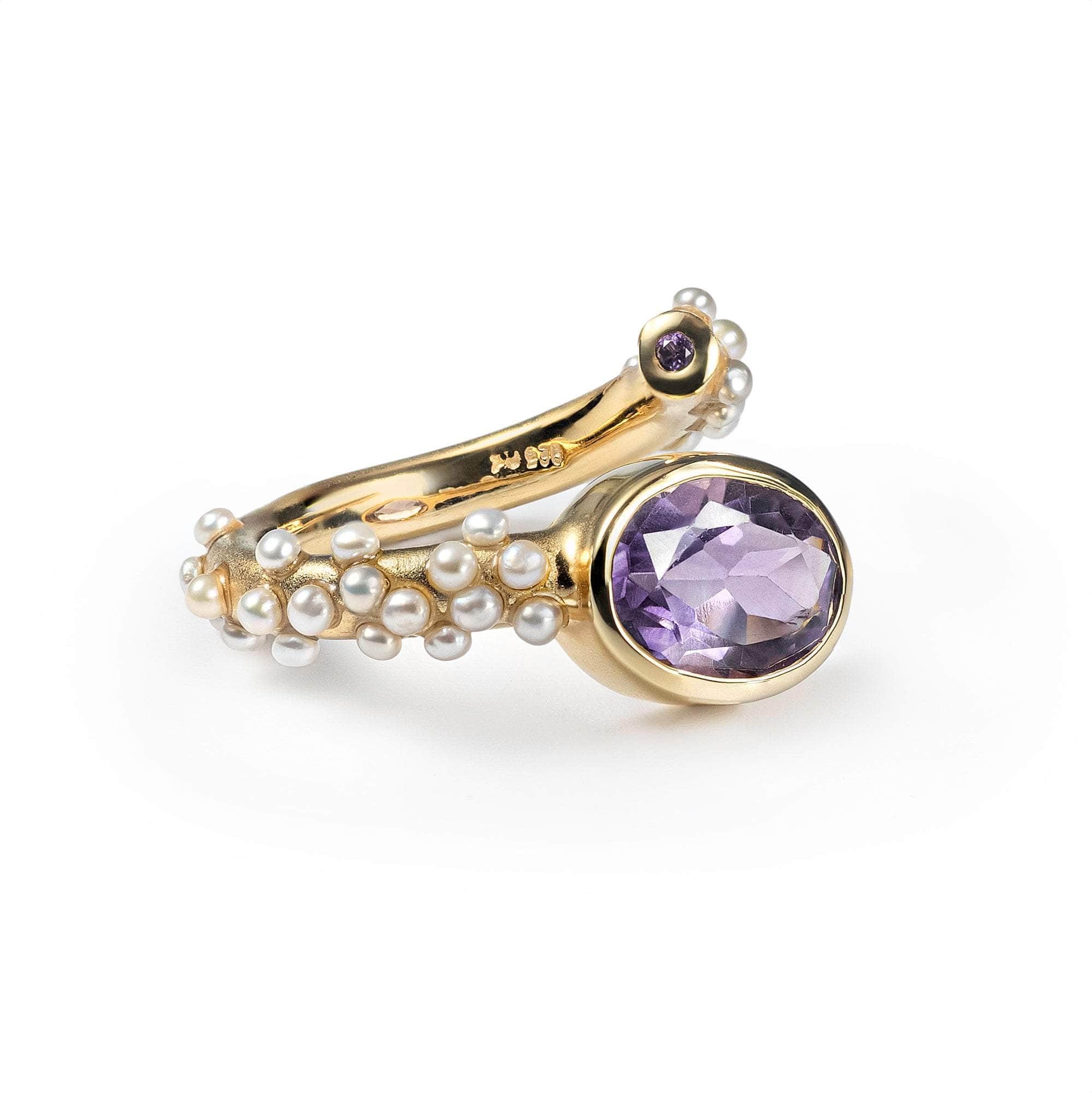 Rongo Contemporary Open Band Silver Ring with Natural Amethyst & Micro Pearls