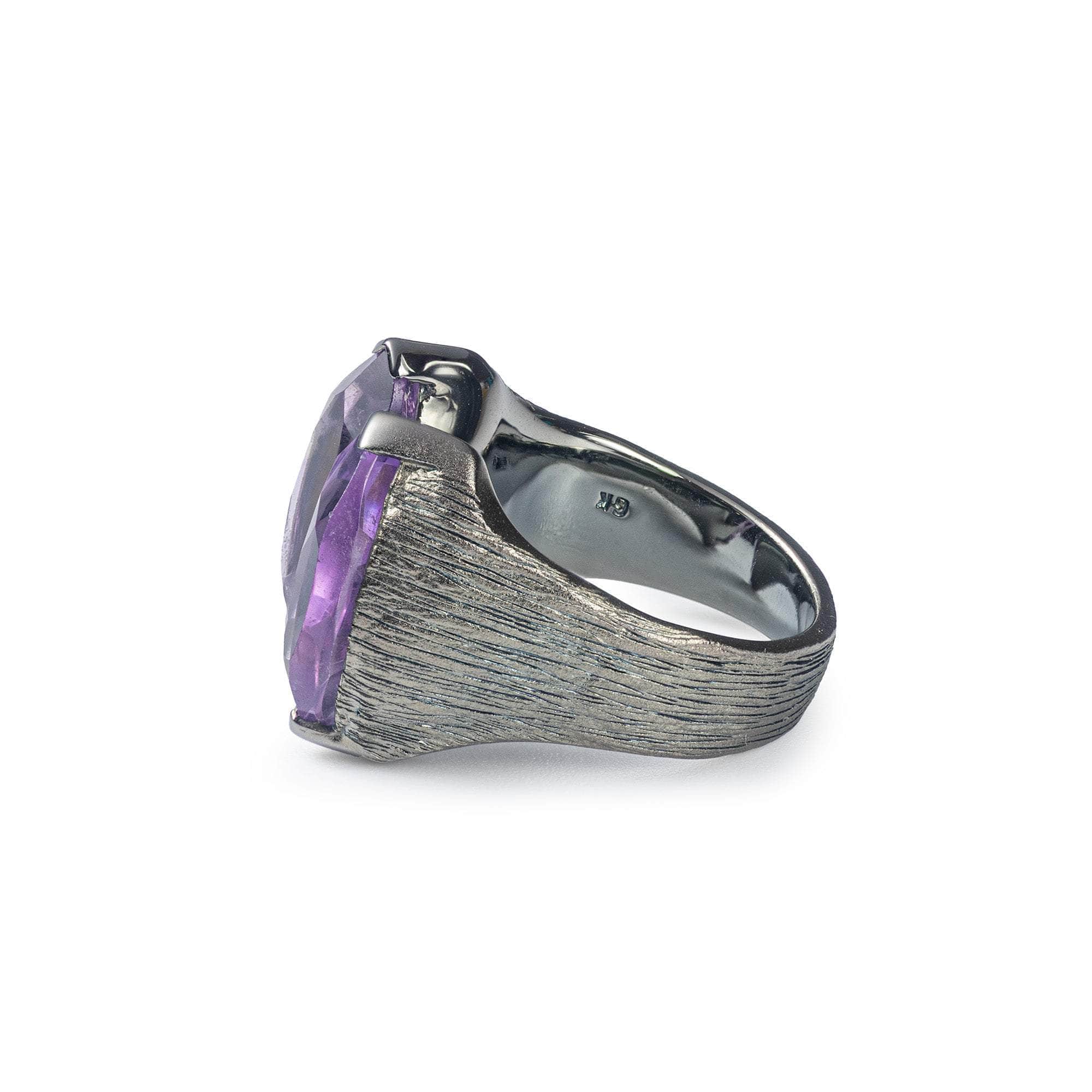 Roones Open Design Blackened 925 Silver Ring with Princess-cut Amethyst