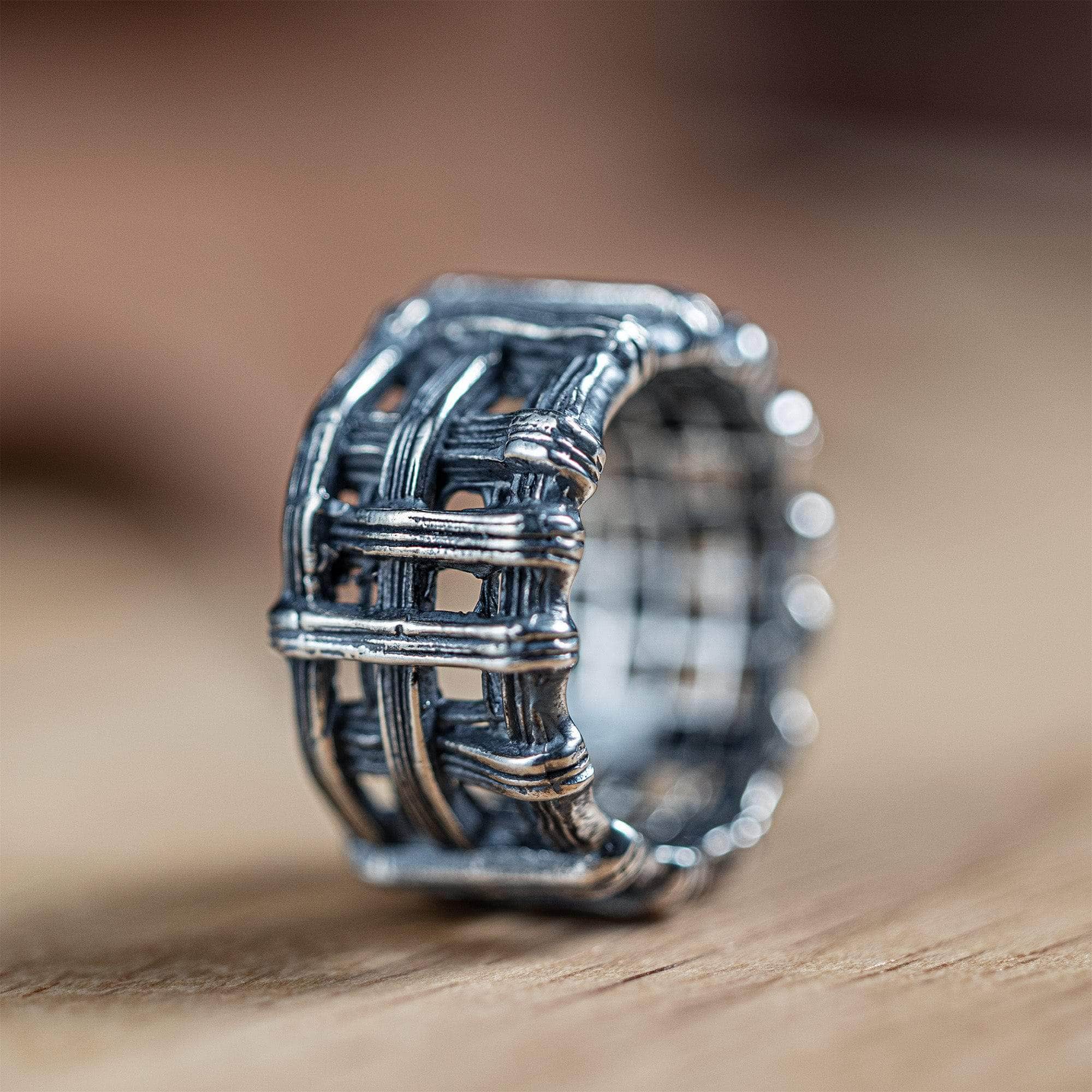 Rustic Oxidized Sterling Silver Ring with Crosshatch Texture