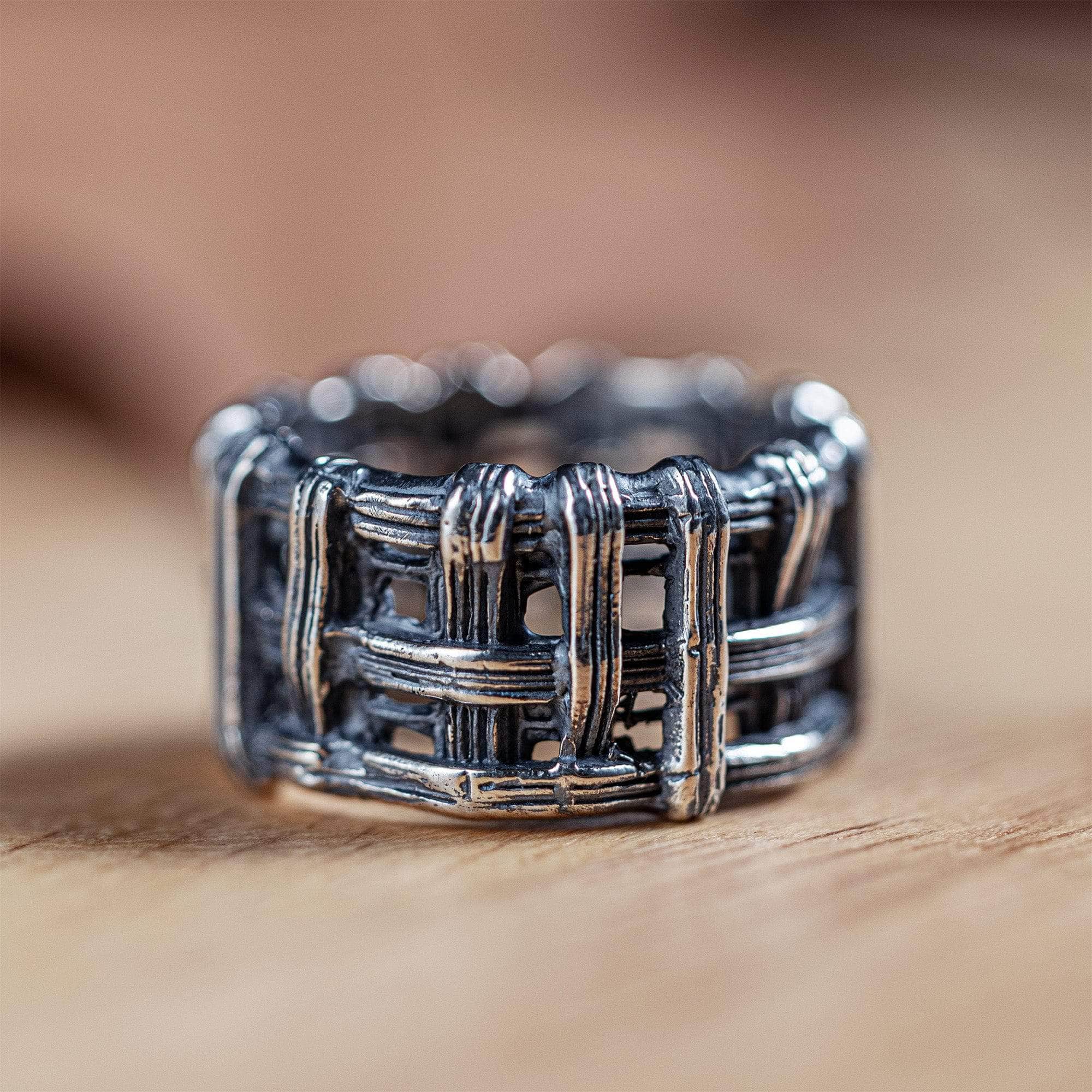 Rustic Oxidized Sterling Silver Ring with Crosshatch Texture