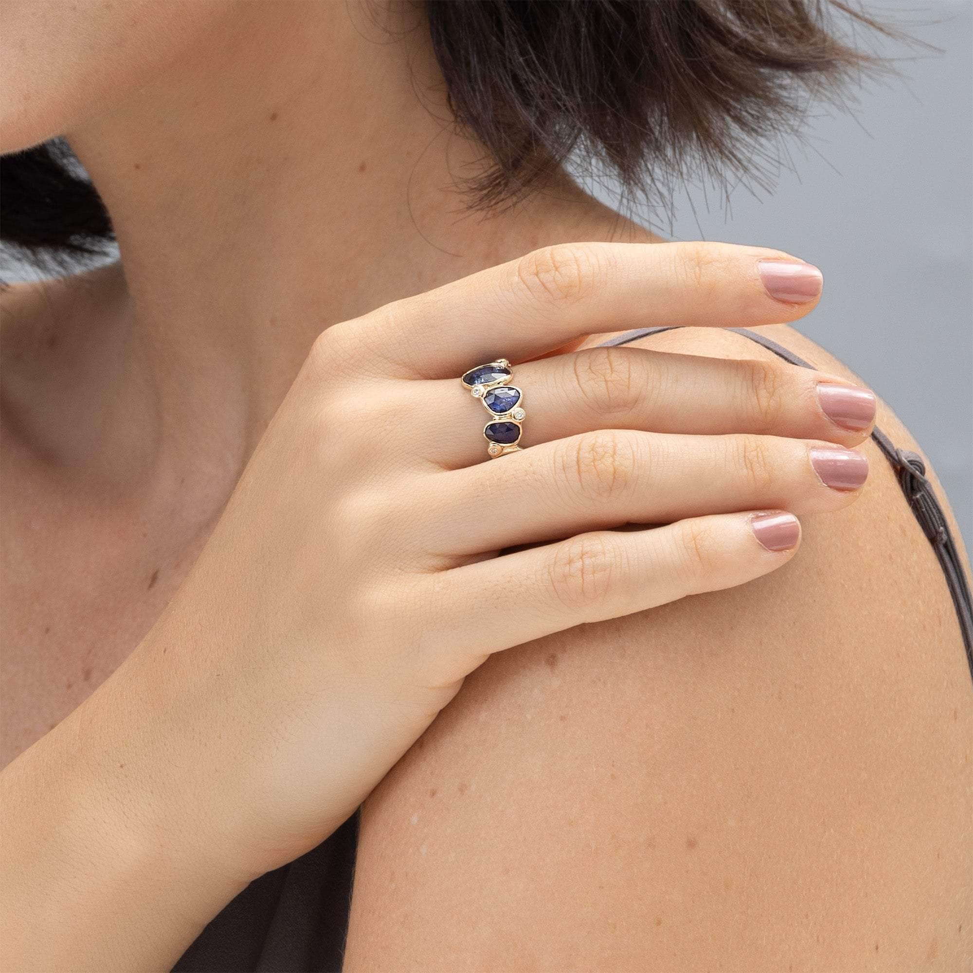 Seiran 14K Gold Signature Ring with Diamonds & Sapphire Touching Skin