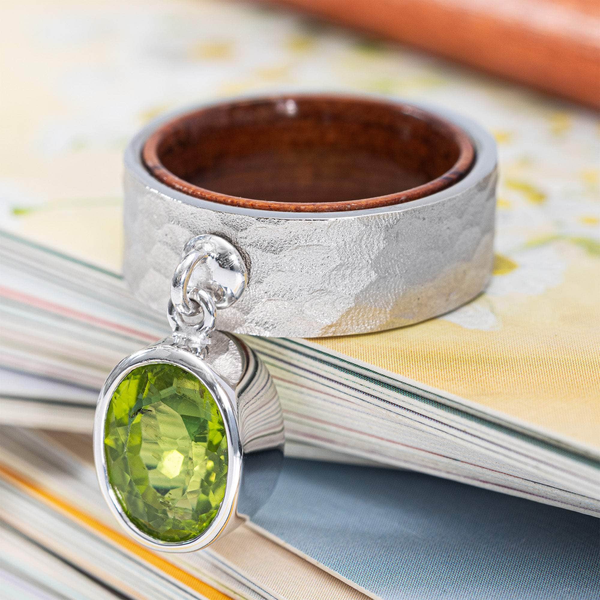 Selkie Textured Silver & Rosewood Ring with Suspended Oval Peridot