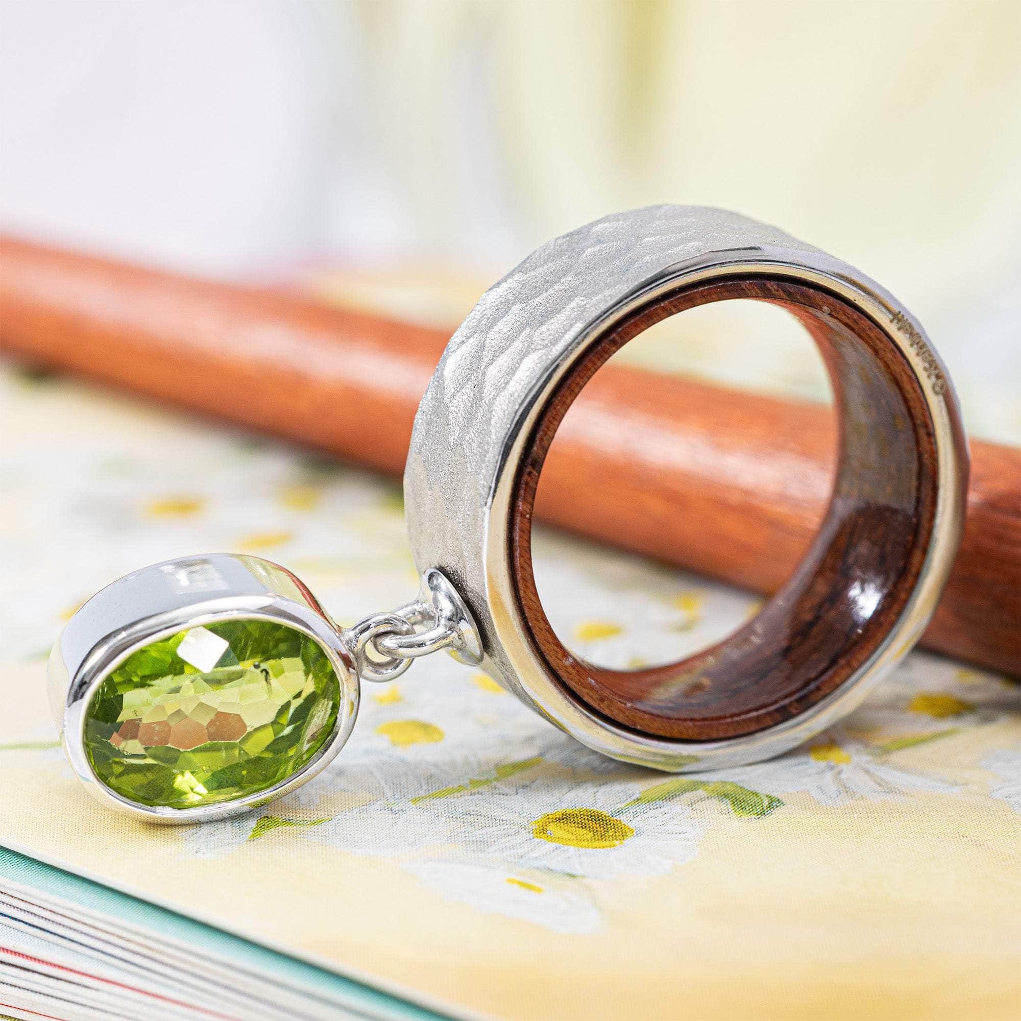 Selkie Textured Silver & Rosewood Ring with Suspended Oval Peridot