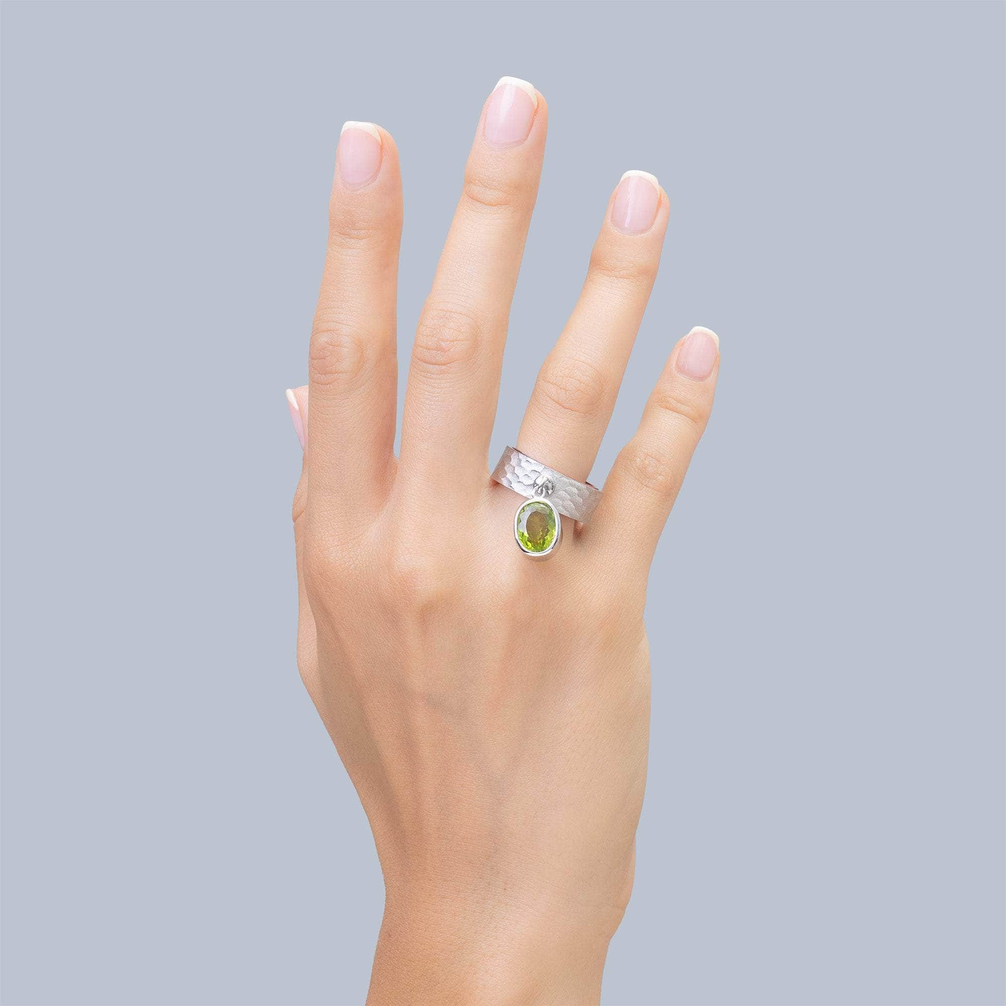 Selkie Textured Silver & Rosewood Ring with Suspended Oval Peridot