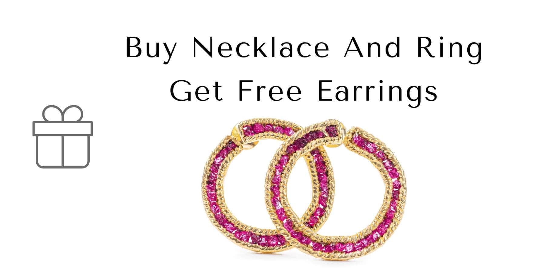 Promotional graphic for jewelry with pink hoop earrings, gold rings about free earrings offer.