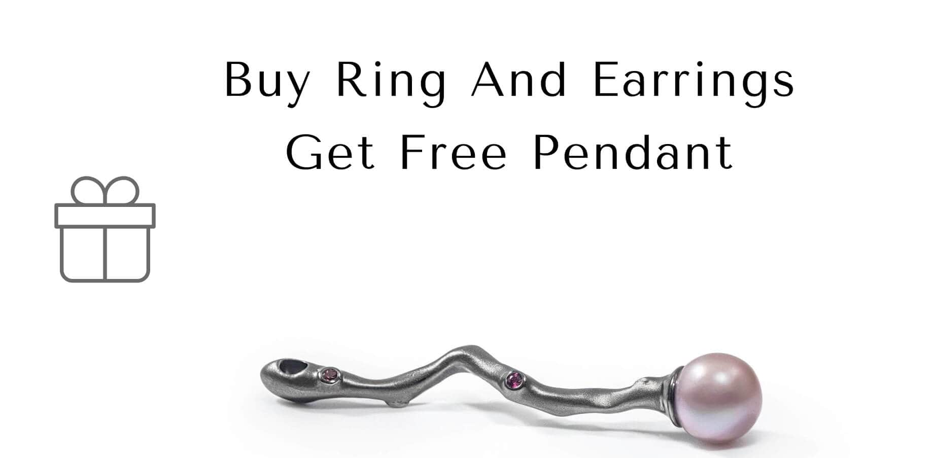 Silver jewelry with a pearl gemstone on a white background, promotional text for free pendant offer