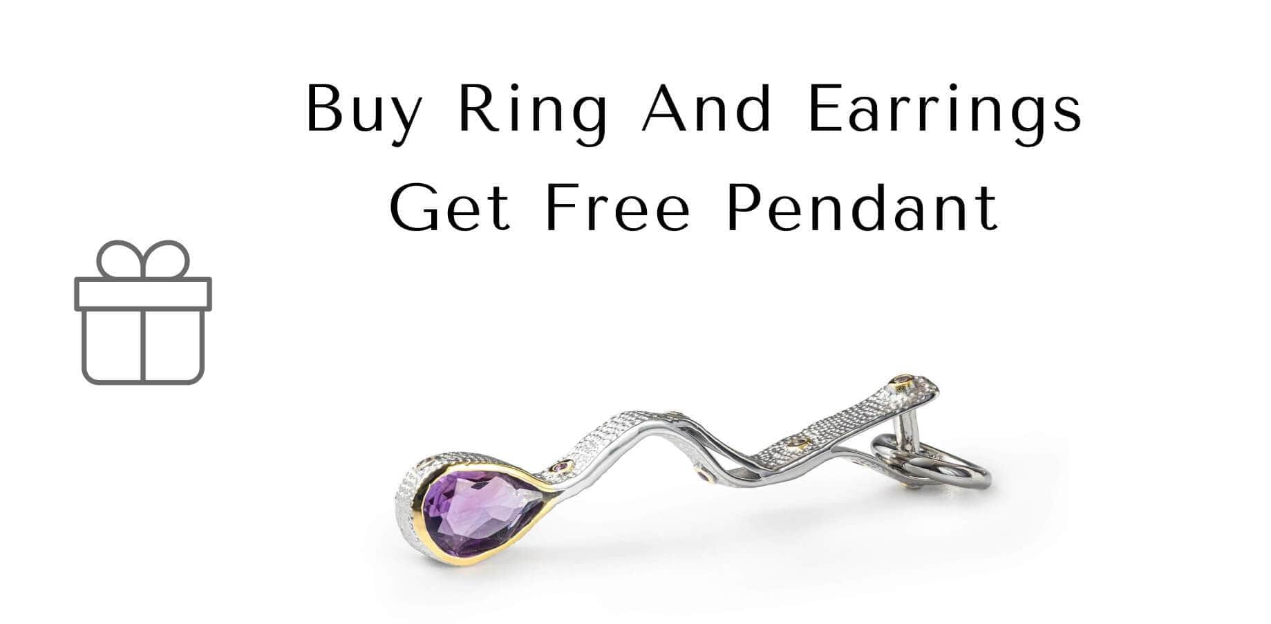 Silver pendant with purple gemstone on a white background, promotional text for free pendant offer.