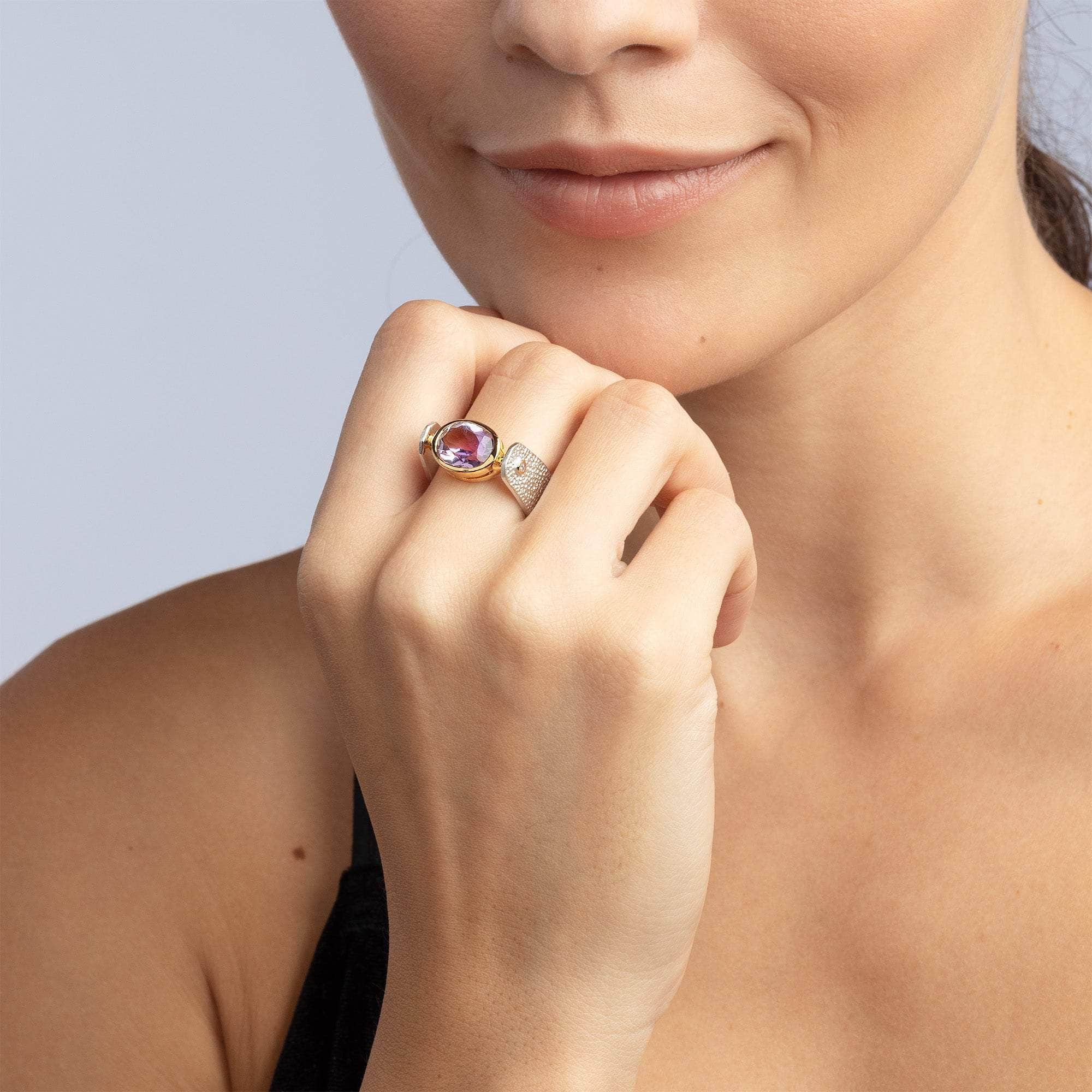 Shadrafa Iconic Design Amethyst Silver Ring in White Rhodium and 18K Gold