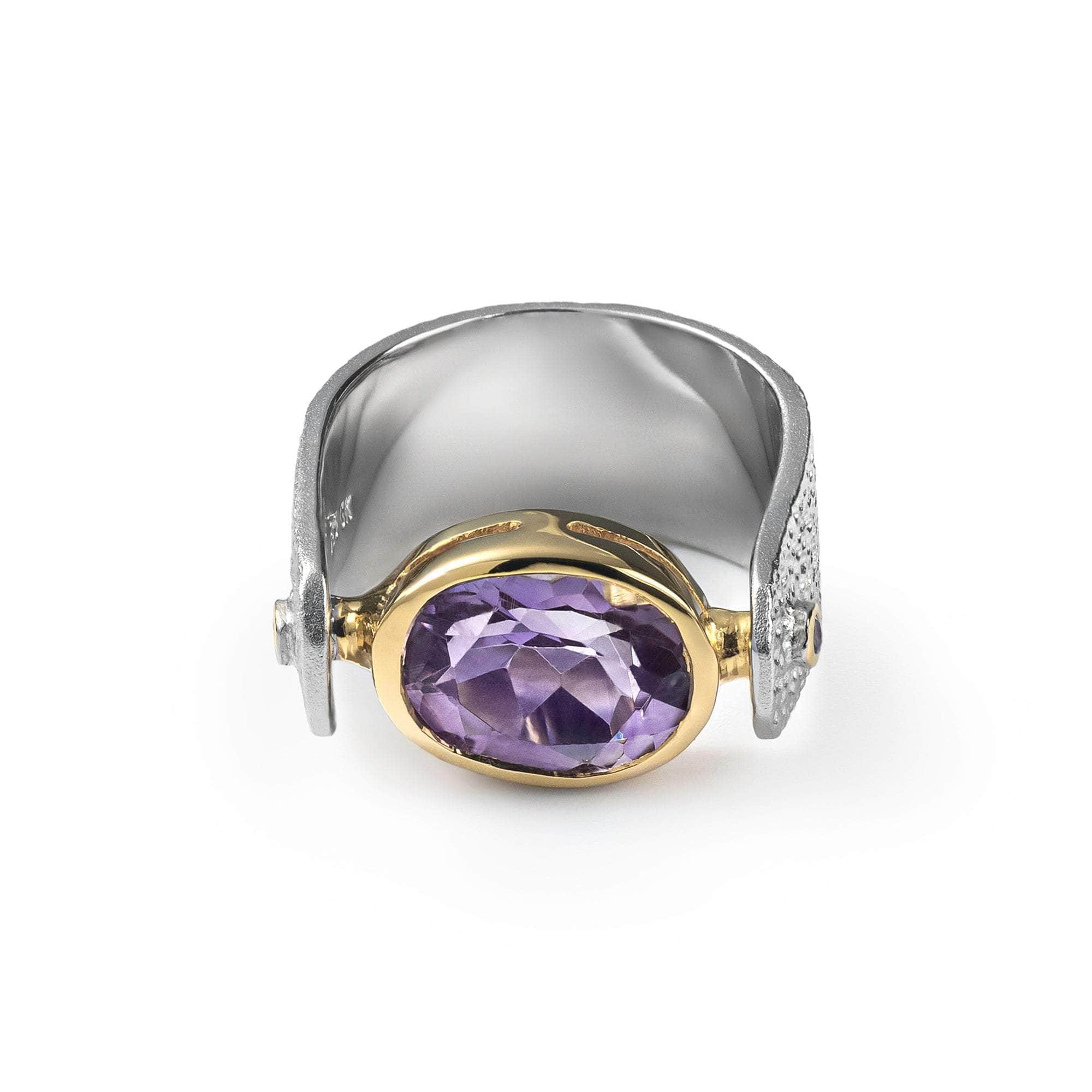 Shadrafa Iconic Design Amethyst Silver Ring in White Rhodium and 18K Gold