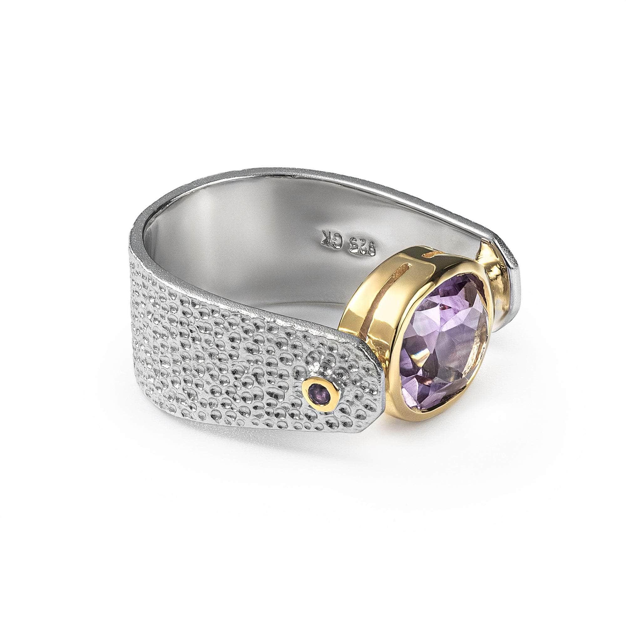 Shadrafa Iconic Design Amethyst Silver Ring in White Rhodium and 18K Gold
