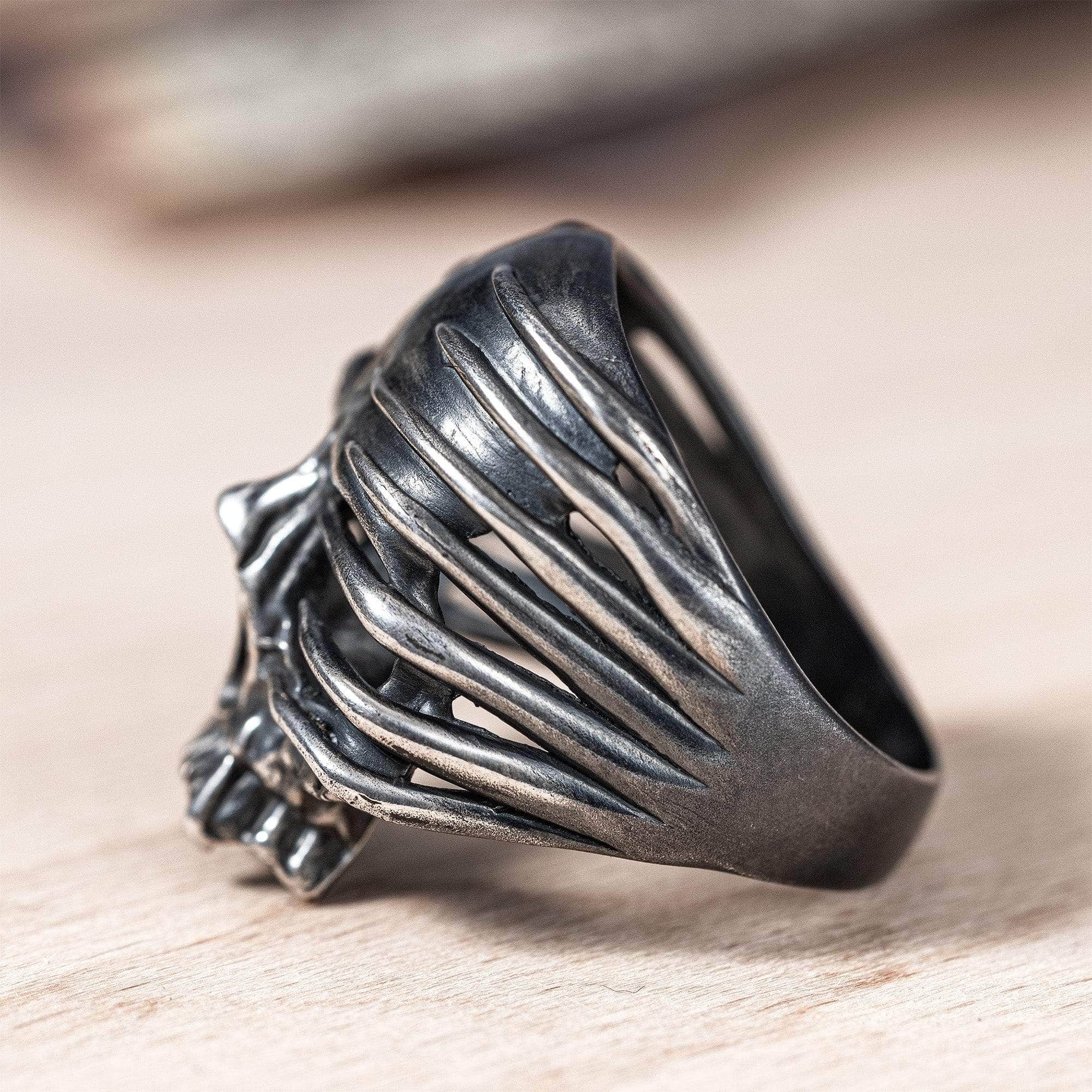 Shard Skull Ring in Oxidized Silver with Striking Line Patterns