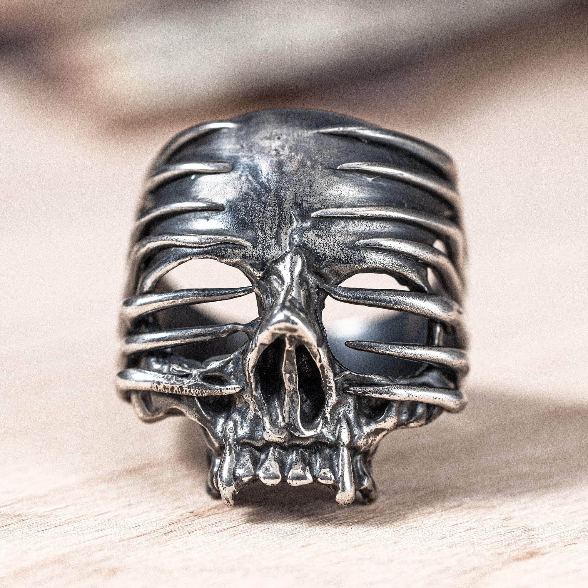 Shard Skull Ring in Oxidized Silver with Striking Line Patterns