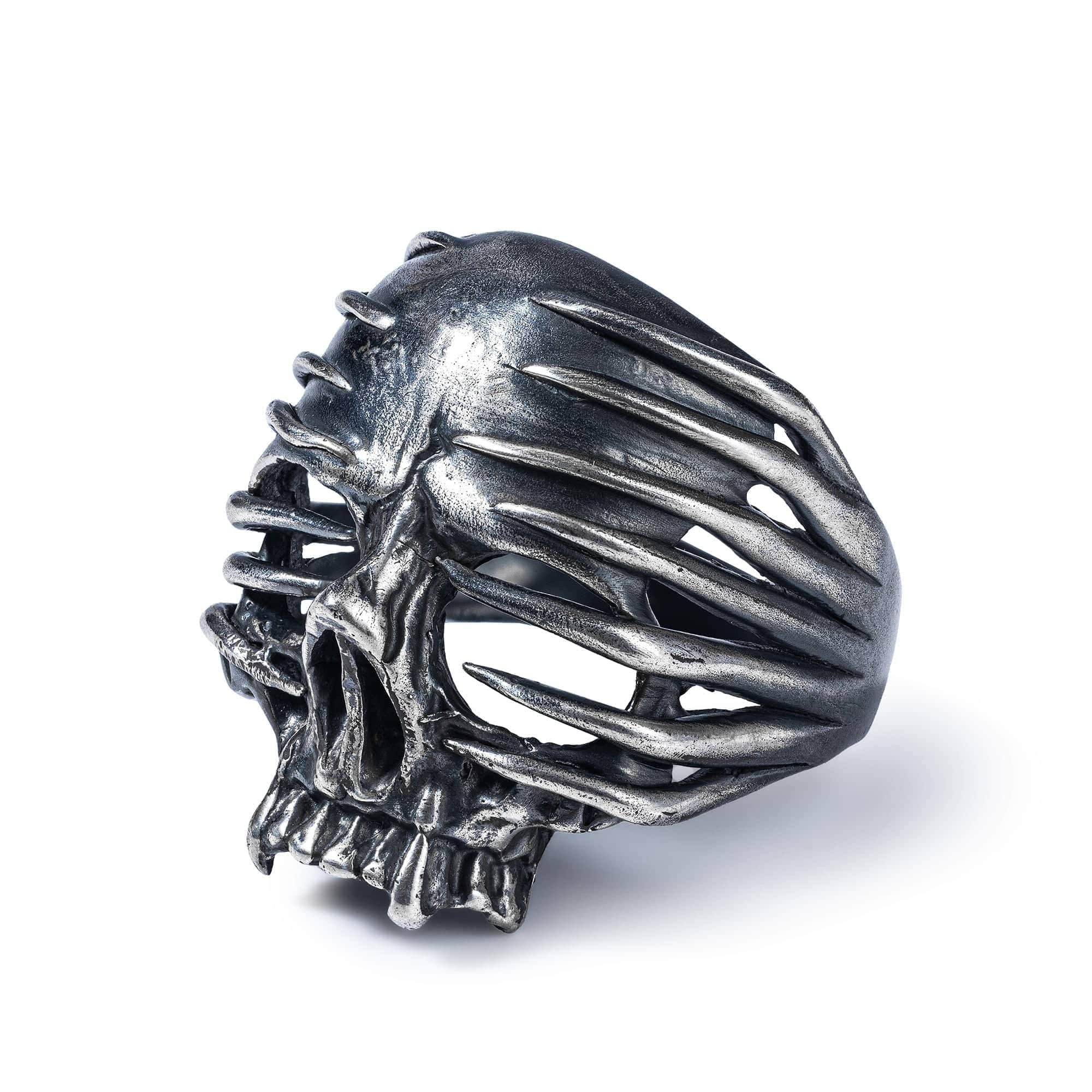 Shard Skull Ring in Oxidized Silver with Striking Line Patterns