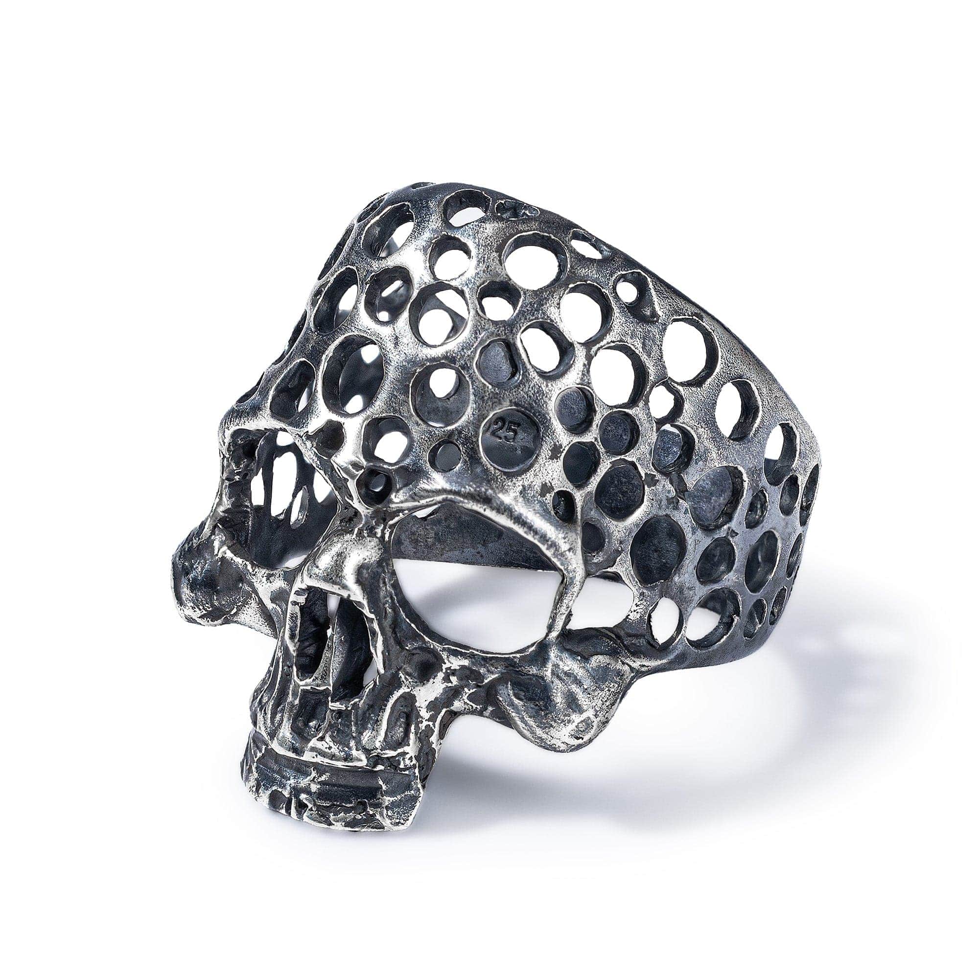 Skelter Brutalist Silver Skull Ring with Perforated Texture