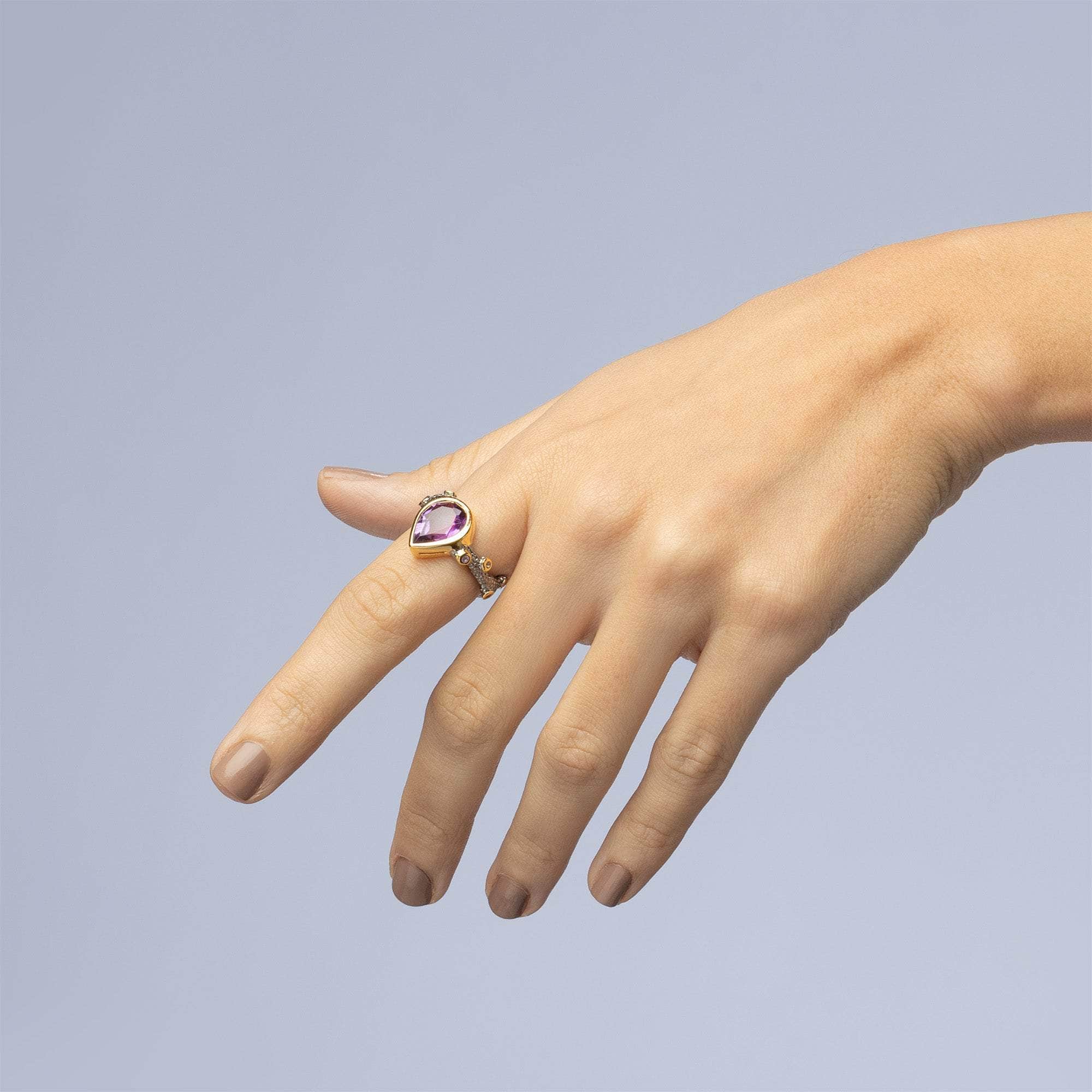 Soma Organic Design Natural Amethyst Designer Ring in 925 Silver (Black Rhodium & Gold-Plated)