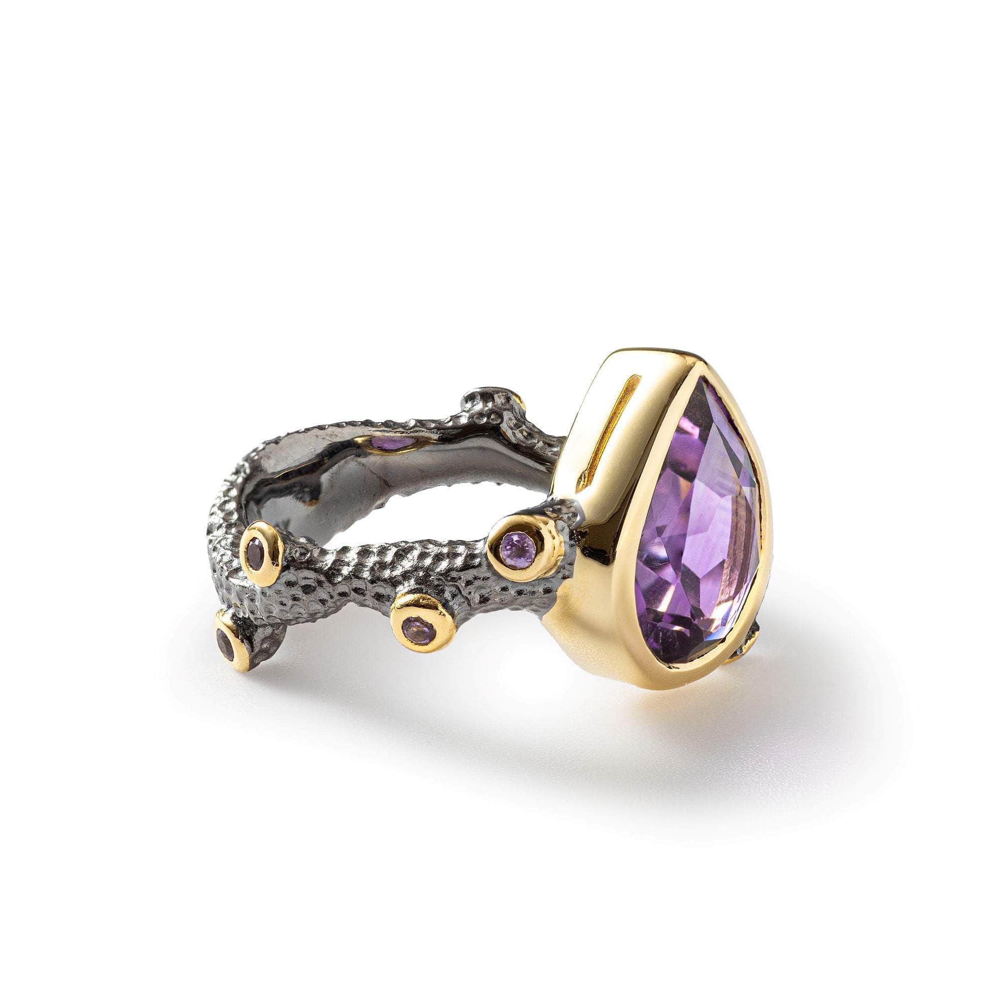 Soma Organic Design Natural Amethyst Designer Ring in 925 Silver (Black Rhodium & Gold-Plated)