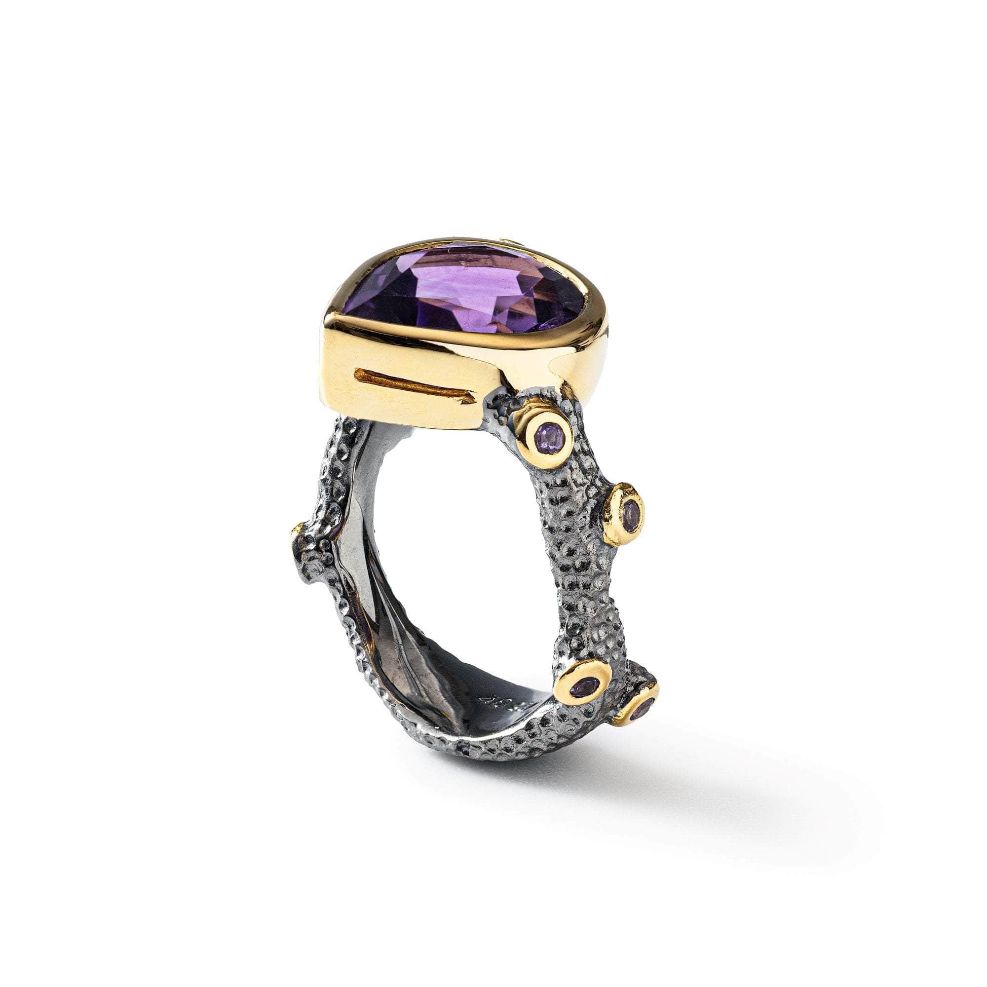 Soma Organic Design Natural Amethyst Designer Ring in 925 Silver (Black Rhodium & Gold-Plated)