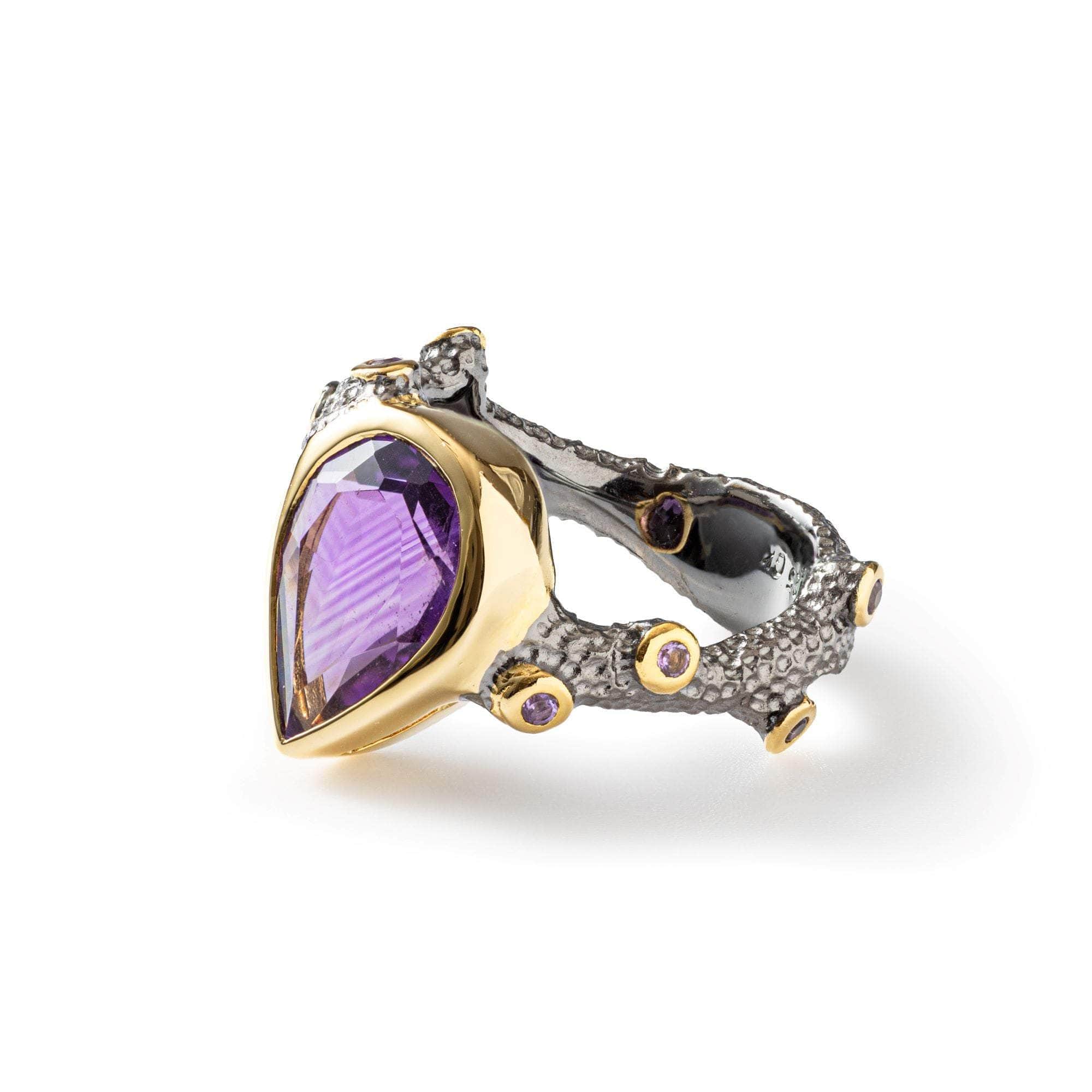 Soma Organic Design Natural Amethyst Designer Ring in 925 Silver (Black Rhodium & Gold-Plated)