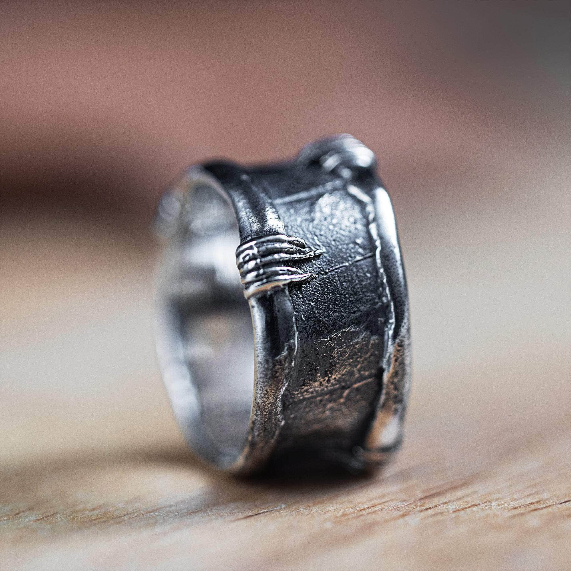 Strand Oxidized Sterling Silver Ring with Handcrafted Stitched Texture