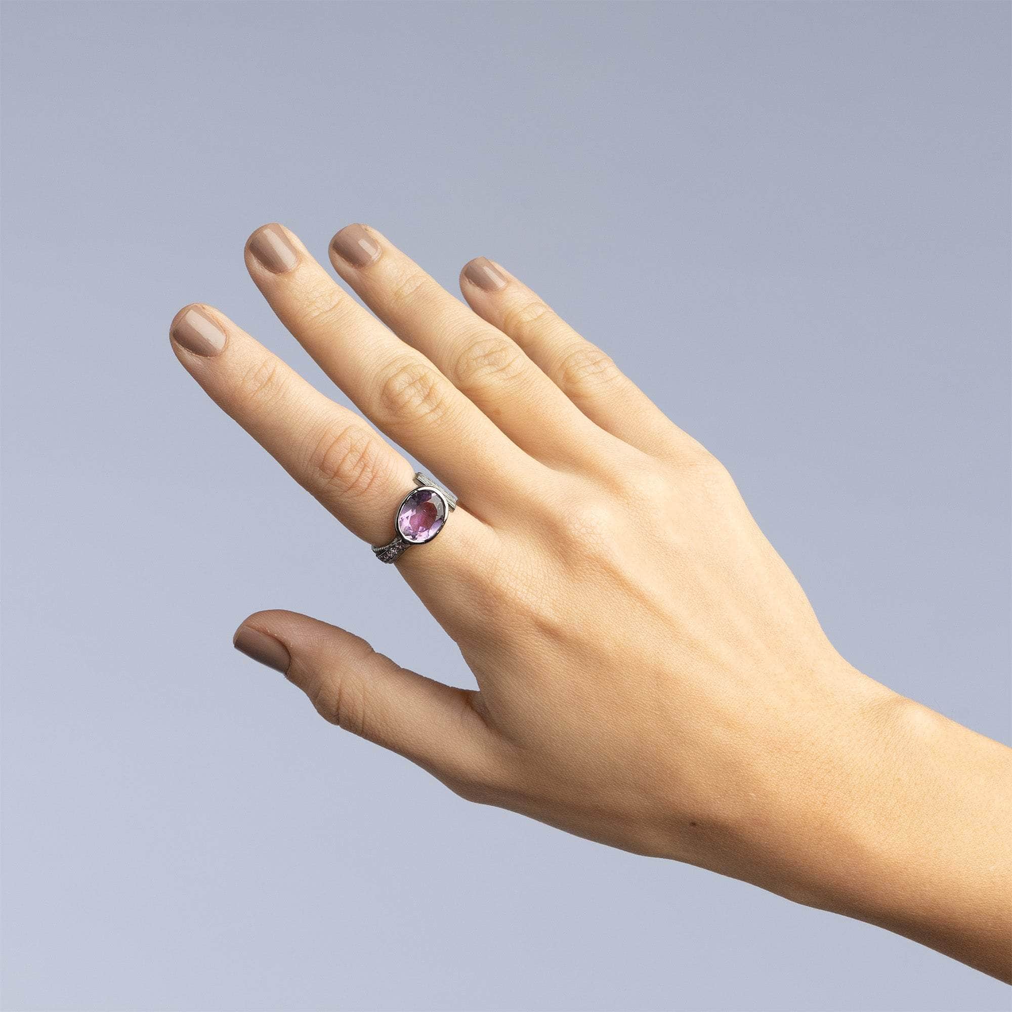 Sucellus Open Band Black Rhodium-Plated Sterling Silver Ring with Natural Amethyst