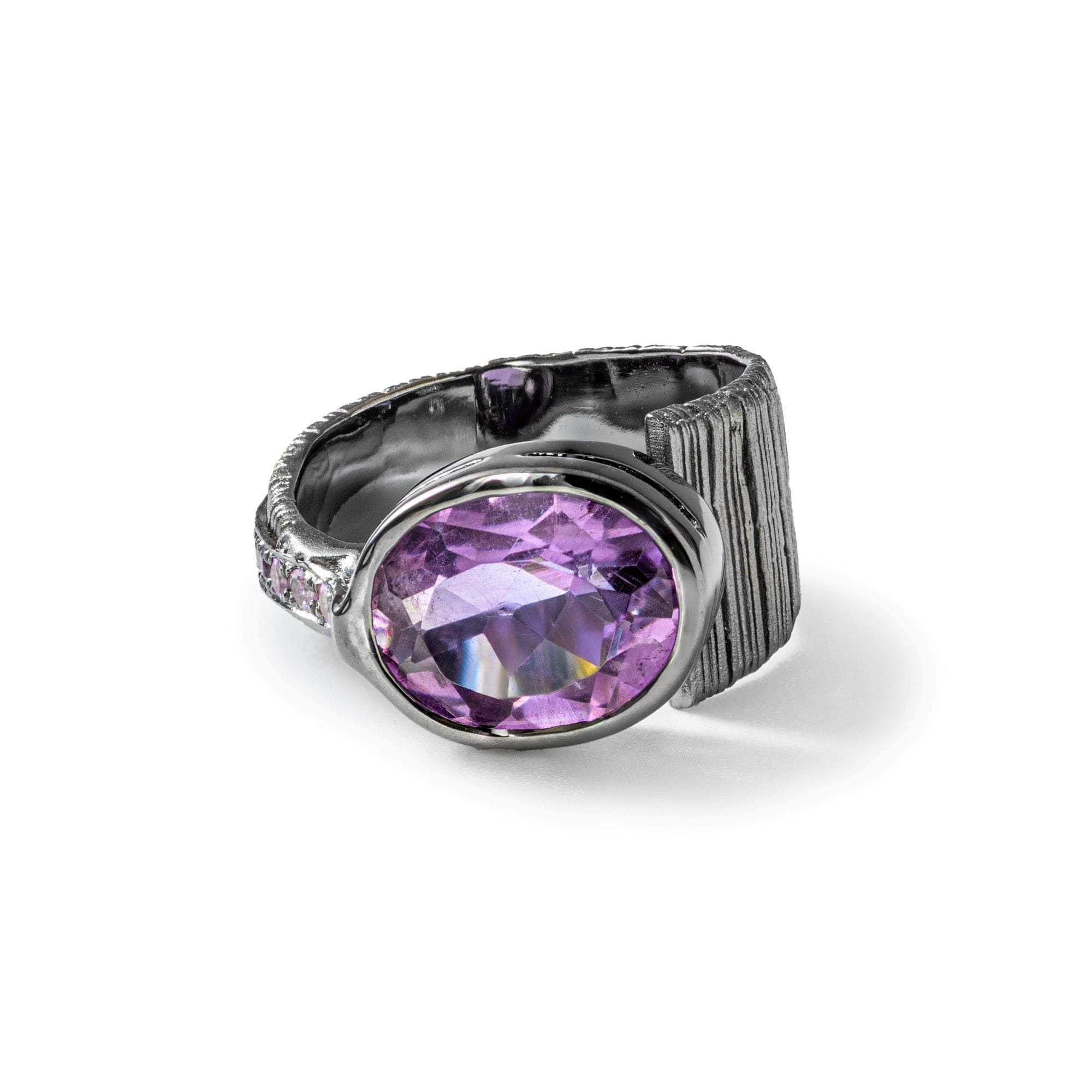 Sucellus Open Band Black Rhodium-Plated Sterling Silver Ring with Natural Amethyst