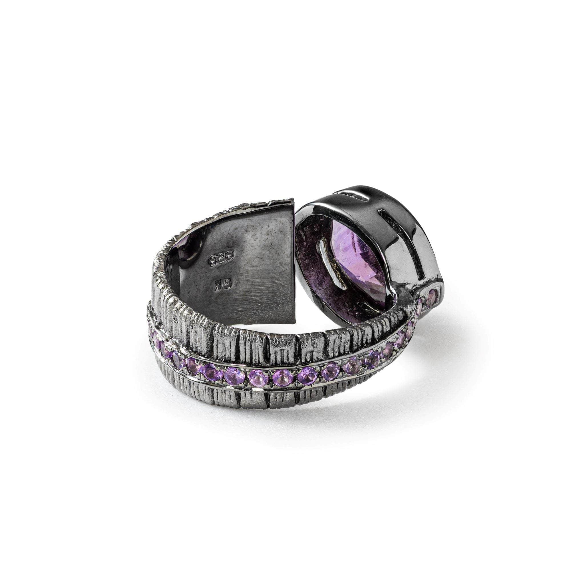 Sucellus Open Band Black Rhodium-Plated Sterling Silver Ring with Natural Amethyst