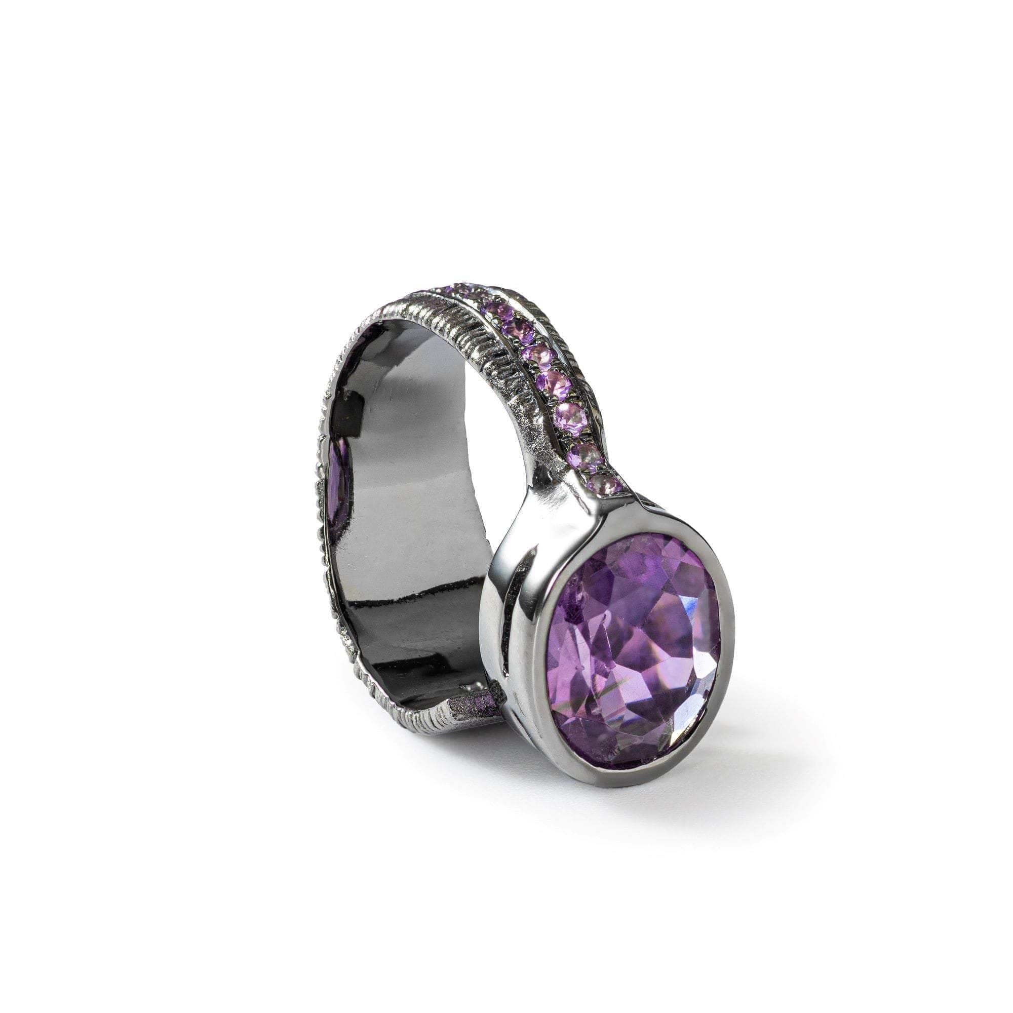 Sucellus Open Band Black Rhodium-Plated Sterling Silver Ring with Natural Amethyst