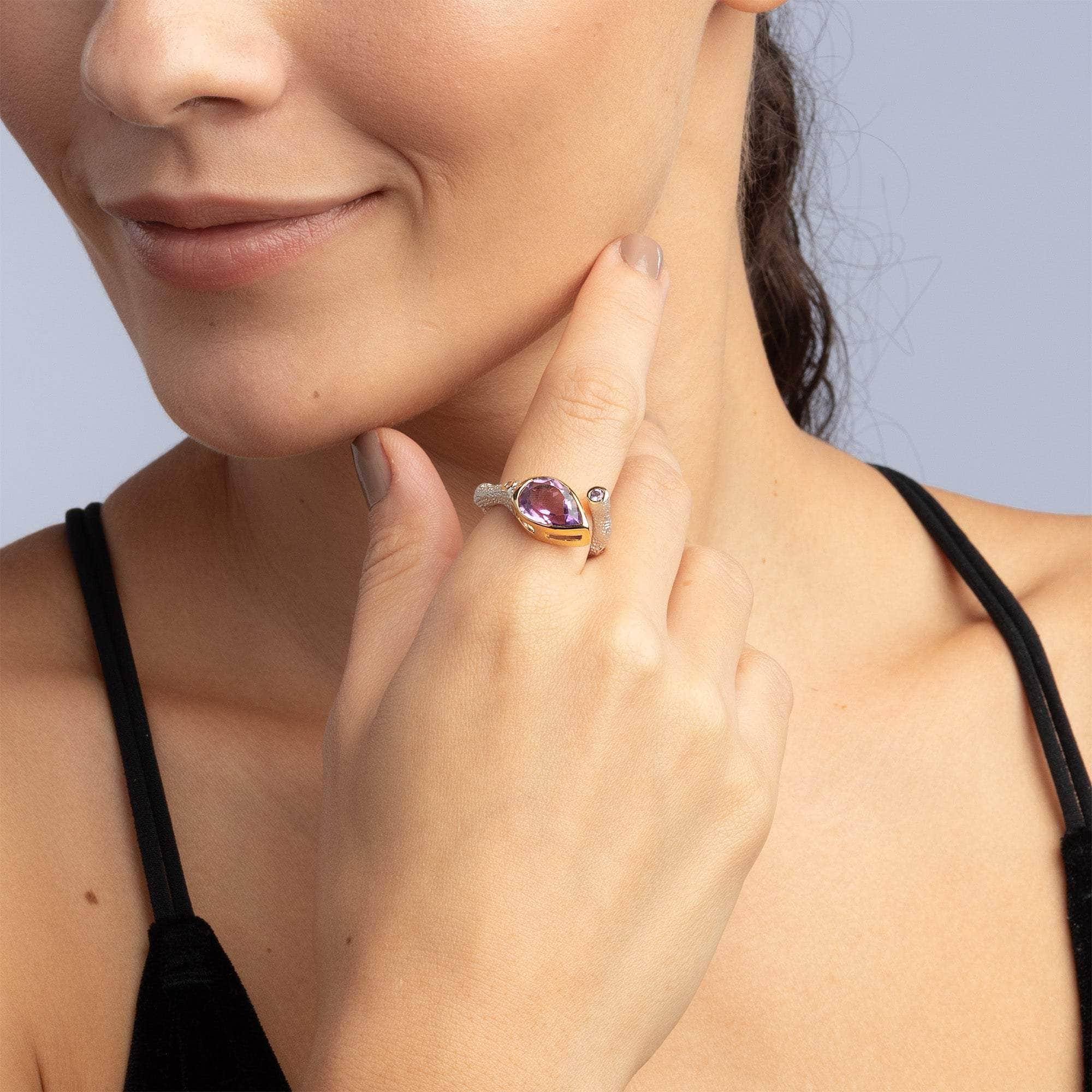 Tangaroa Open Band Natural Amethyst 925 Silver Ring in White Rhodium and 18K Gold