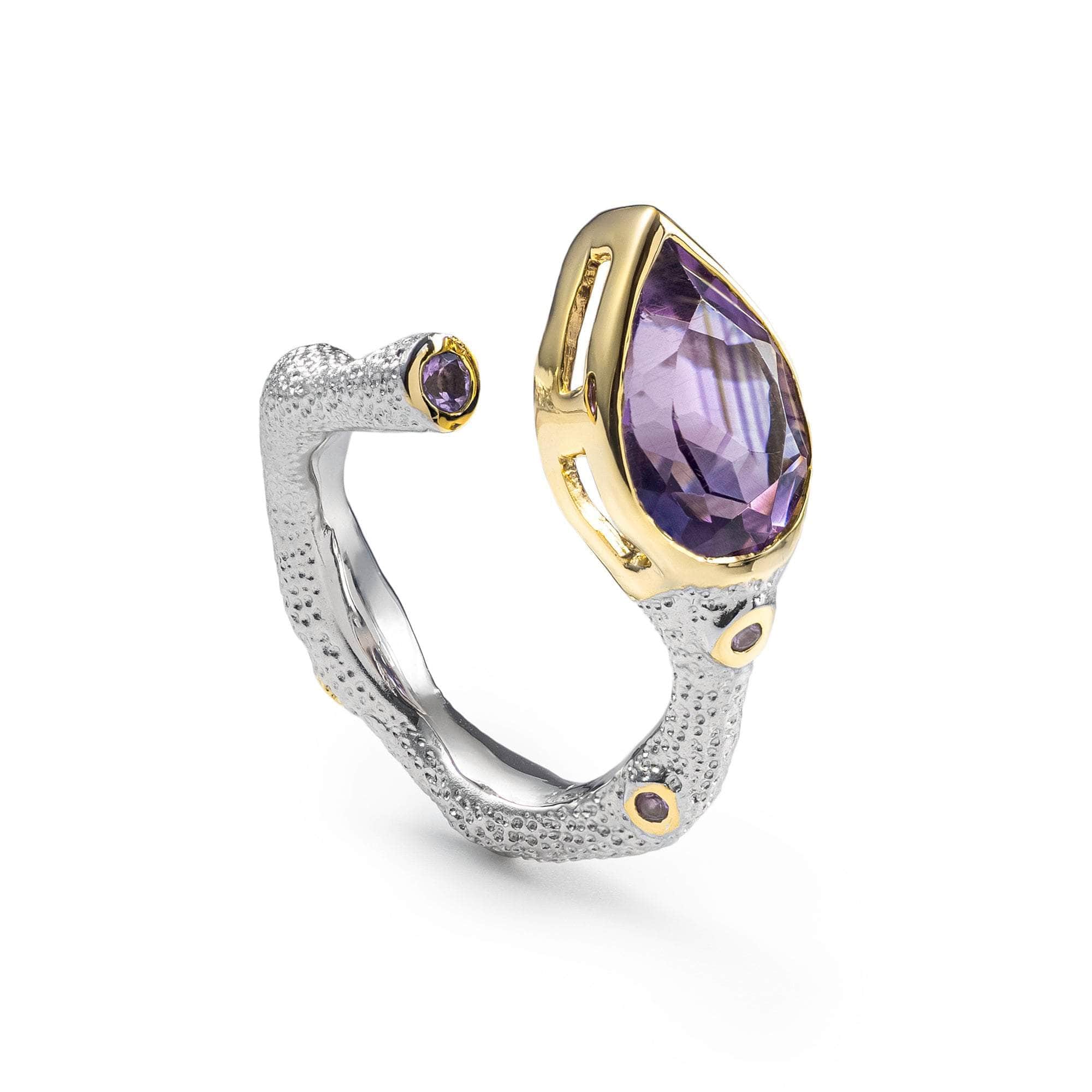 Tangaroa Open Band Natural Amethyst 925 Silver Ring in White Rhodium and 18K Gold