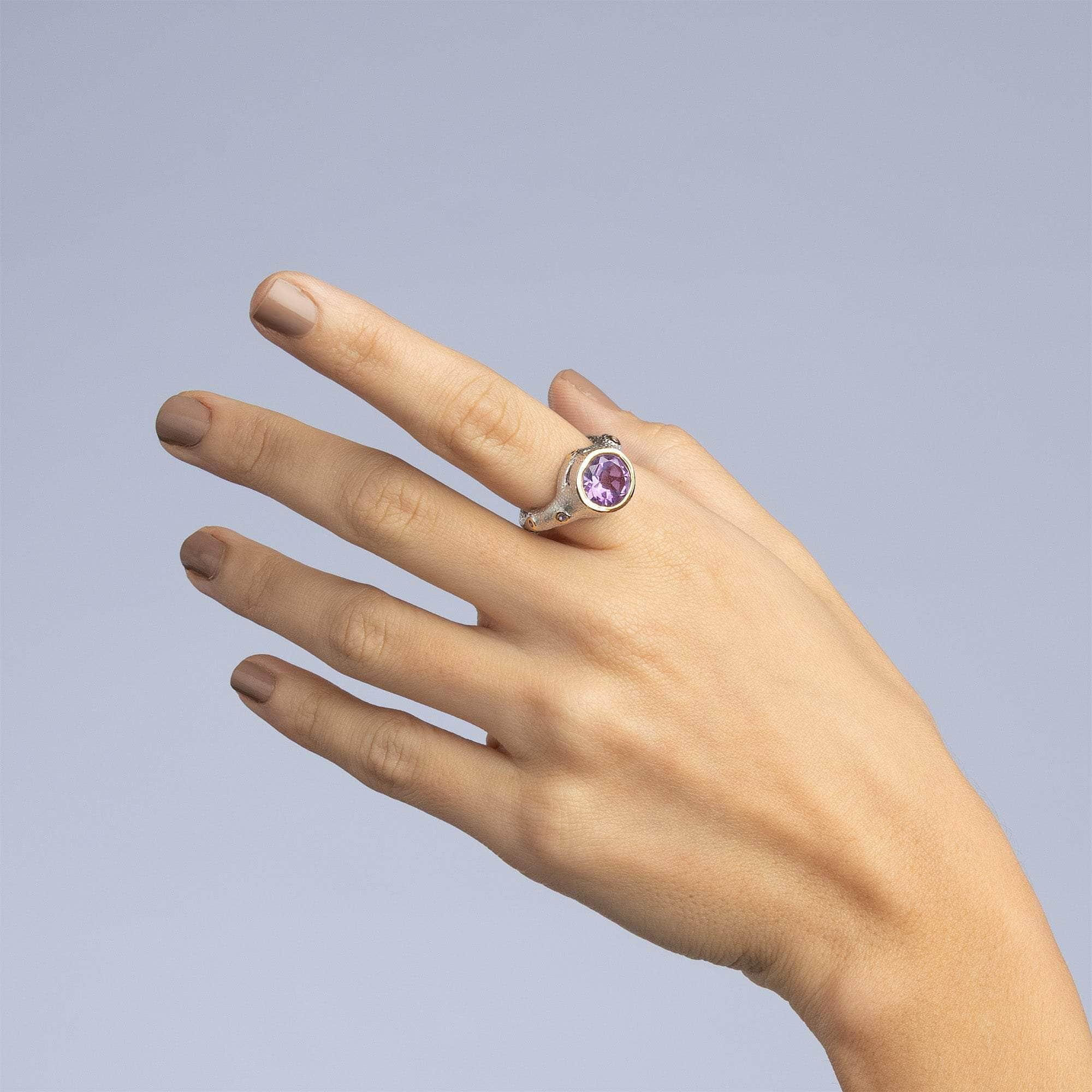 Tano White Rhodium and 18K Gold-Plated Silver Ring with Natural Oval-cut Amethyst