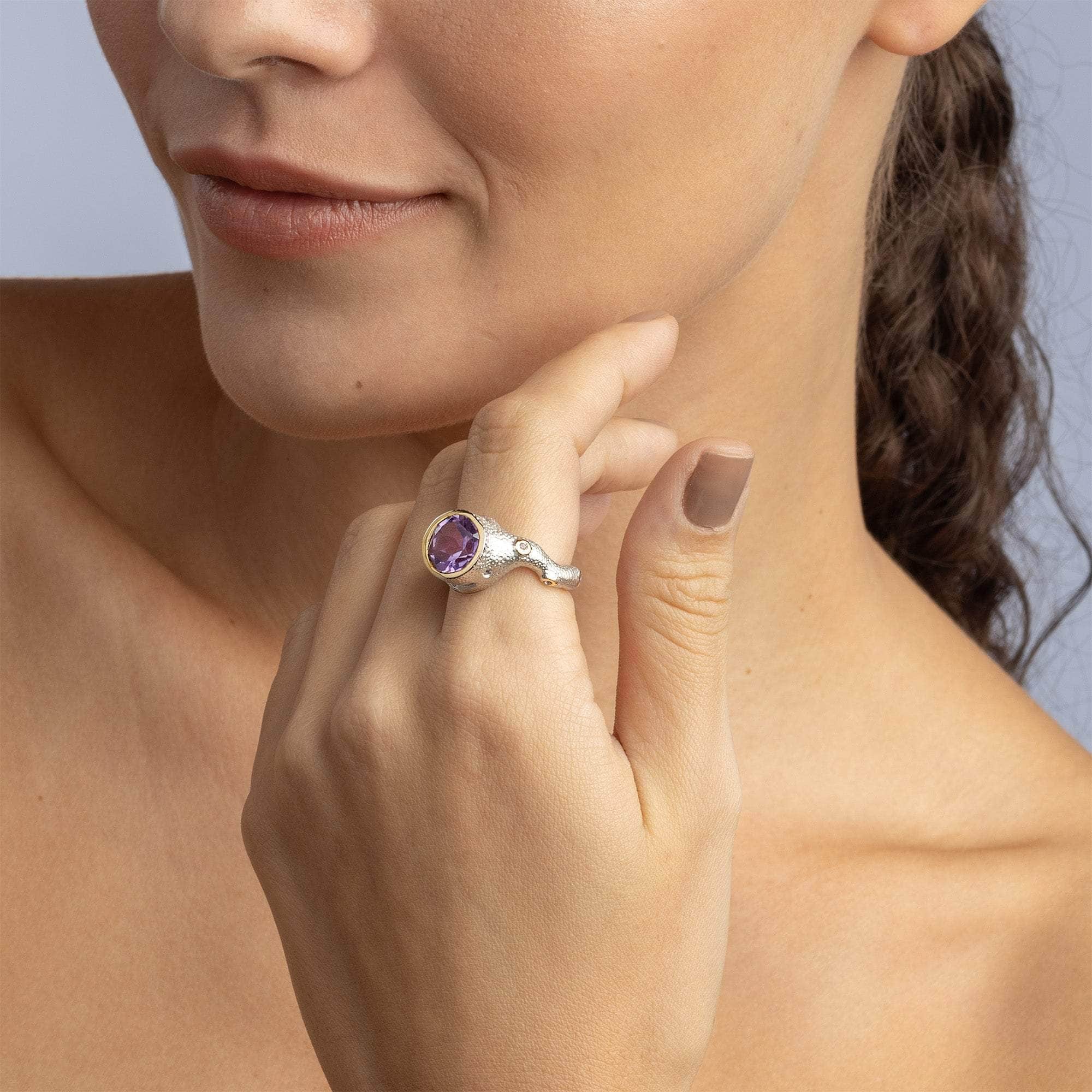 Tano White Rhodium and 18K Gold-Plated Silver Ring with Natural Oval-cut Amethyst