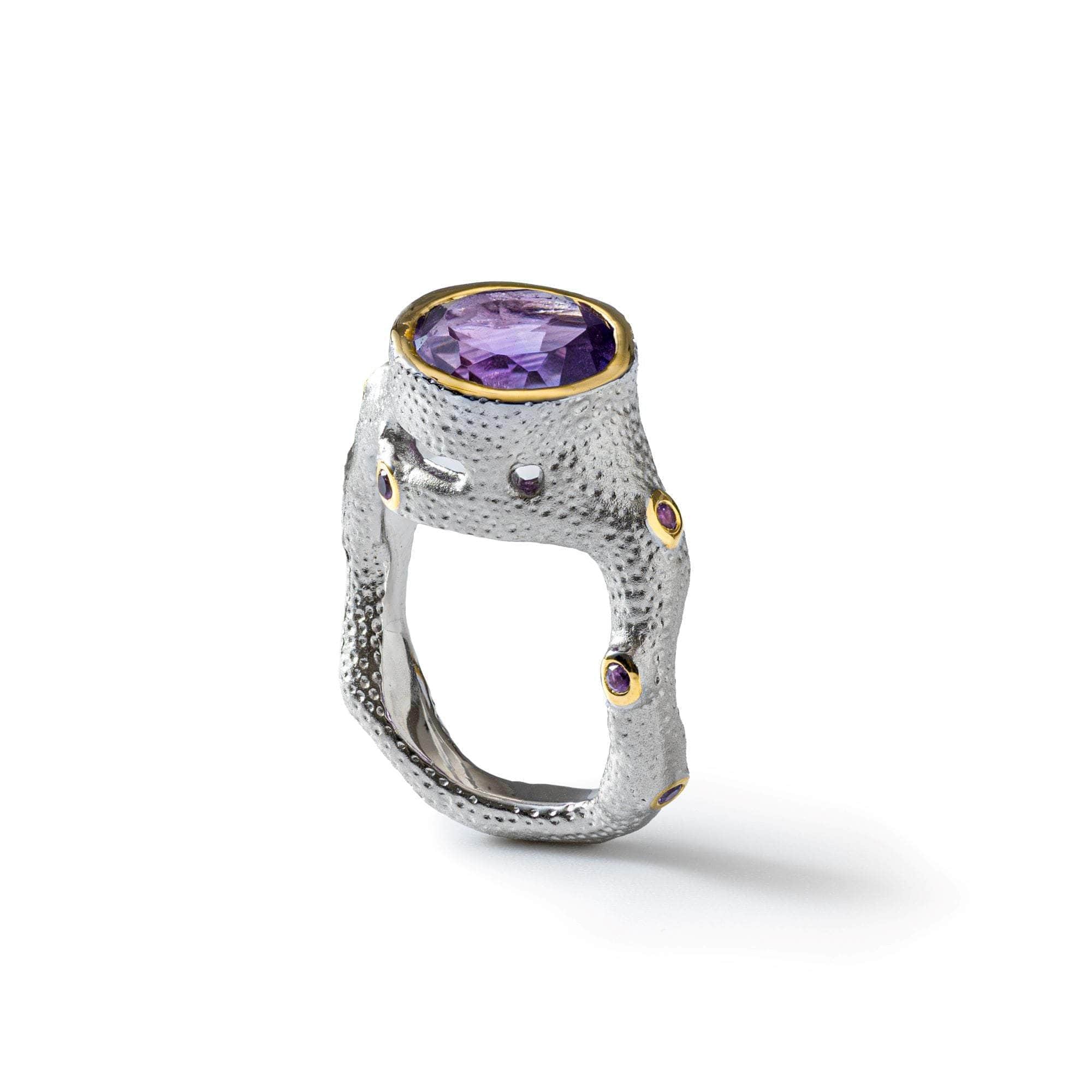 Tano White Rhodium and 18K Gold-Plated Silver Ring with Natural Oval-cut Amethyst