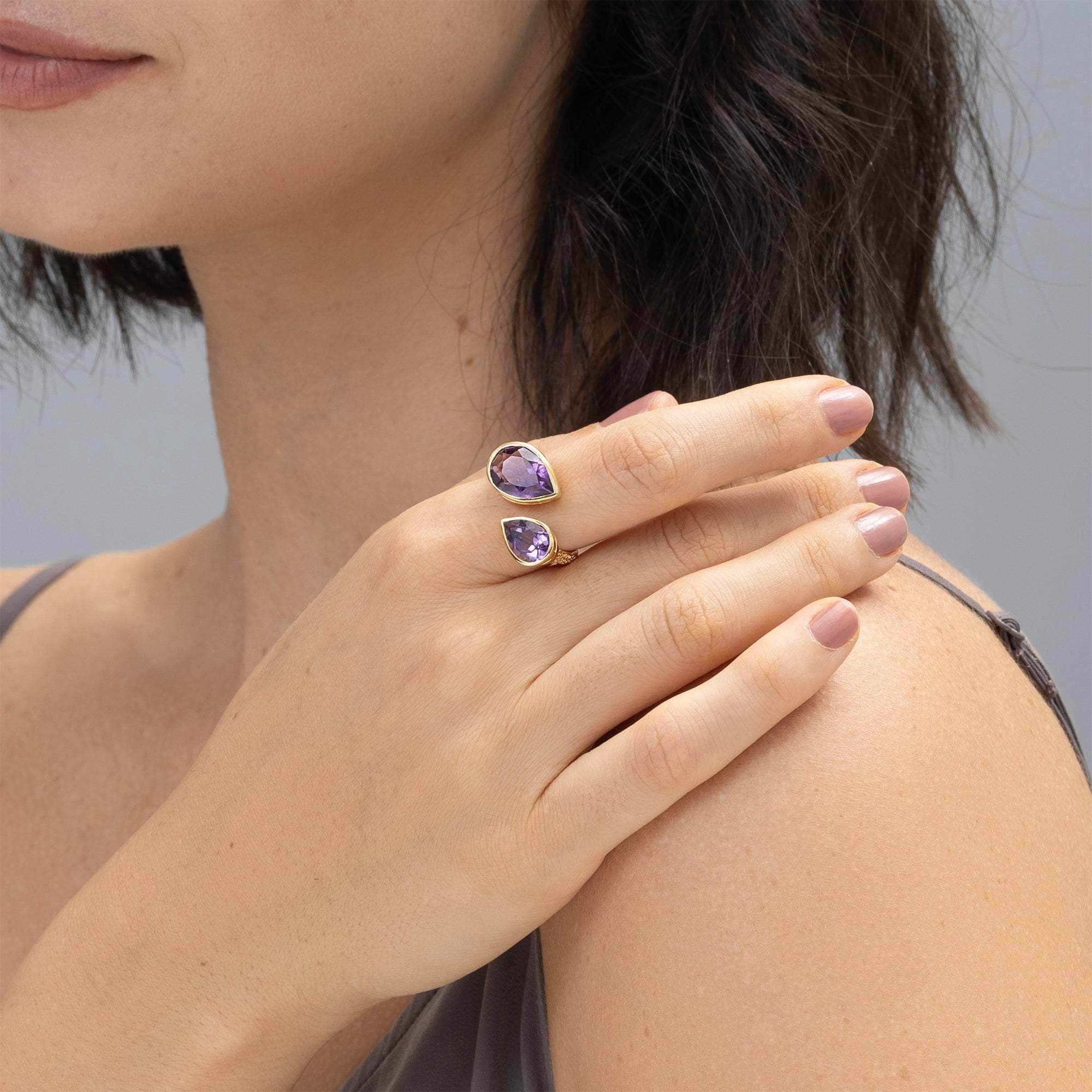 Tantra Open Band 18K Gold-Plated Sterling Silver Ring with Natural Amethyst