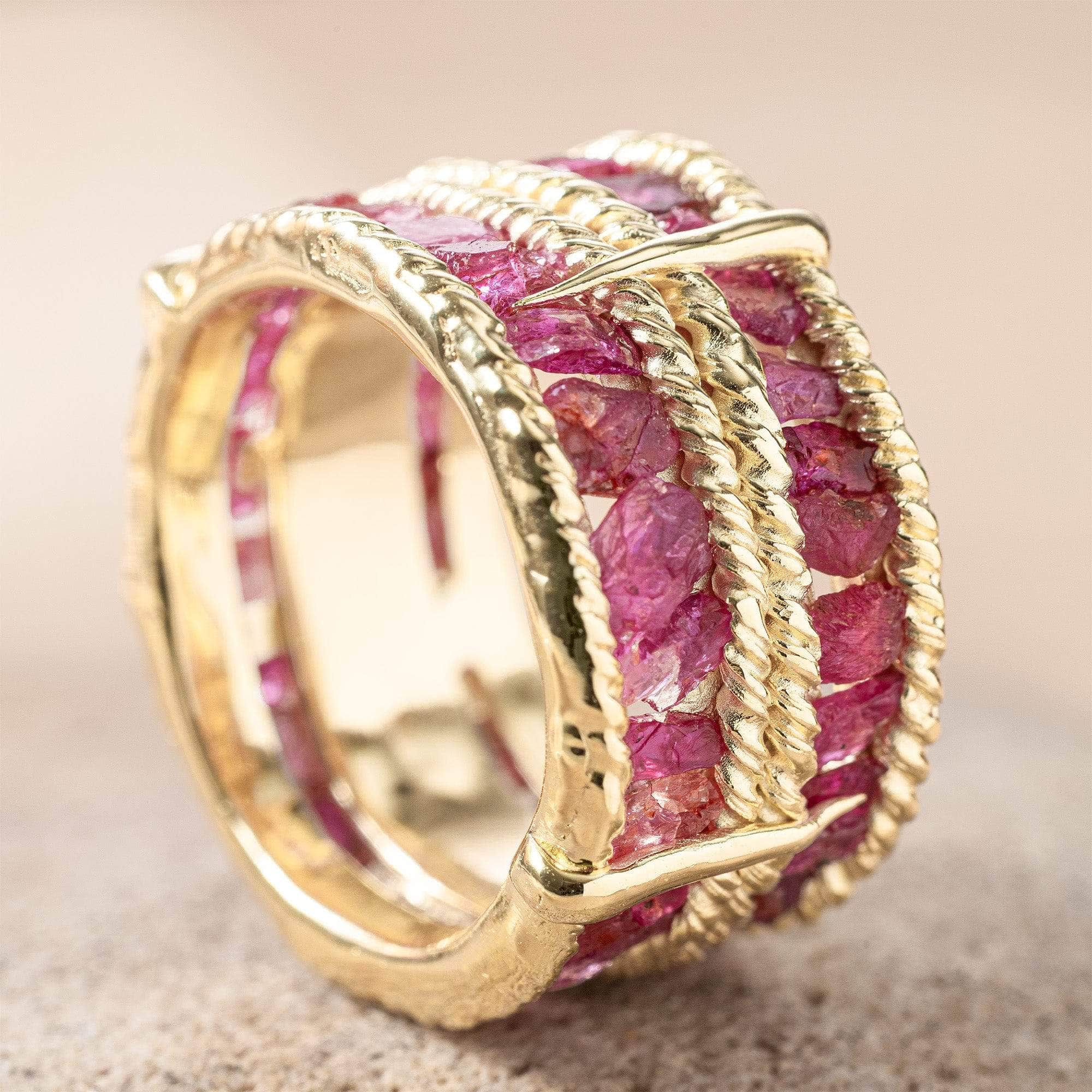 Tartine Wide Band Gold Plated Silver Ring with Natural Raw Ruby