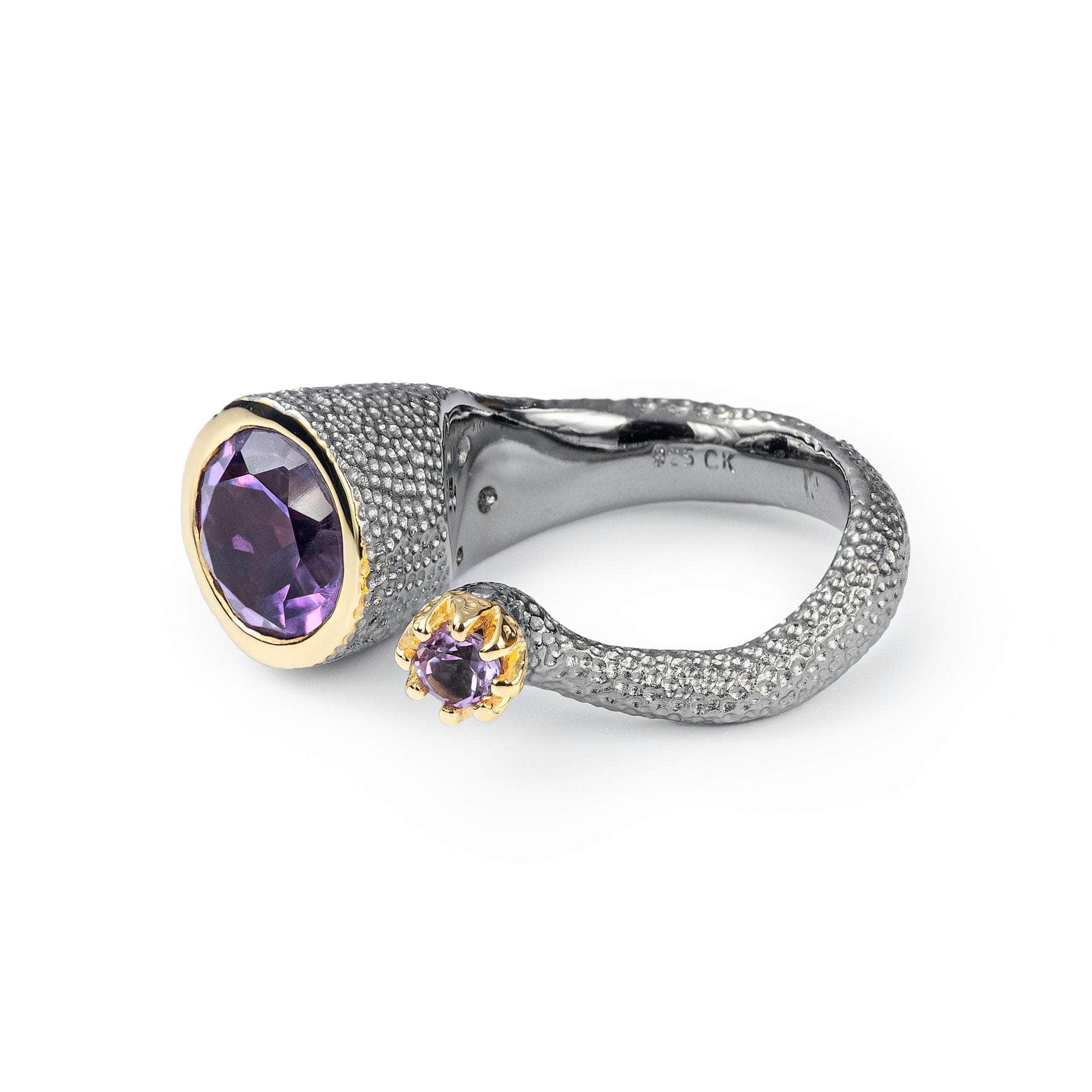 Tepoz Open Band Designer Silver Ring with Two Natural Round-Cut Amethyst Gems