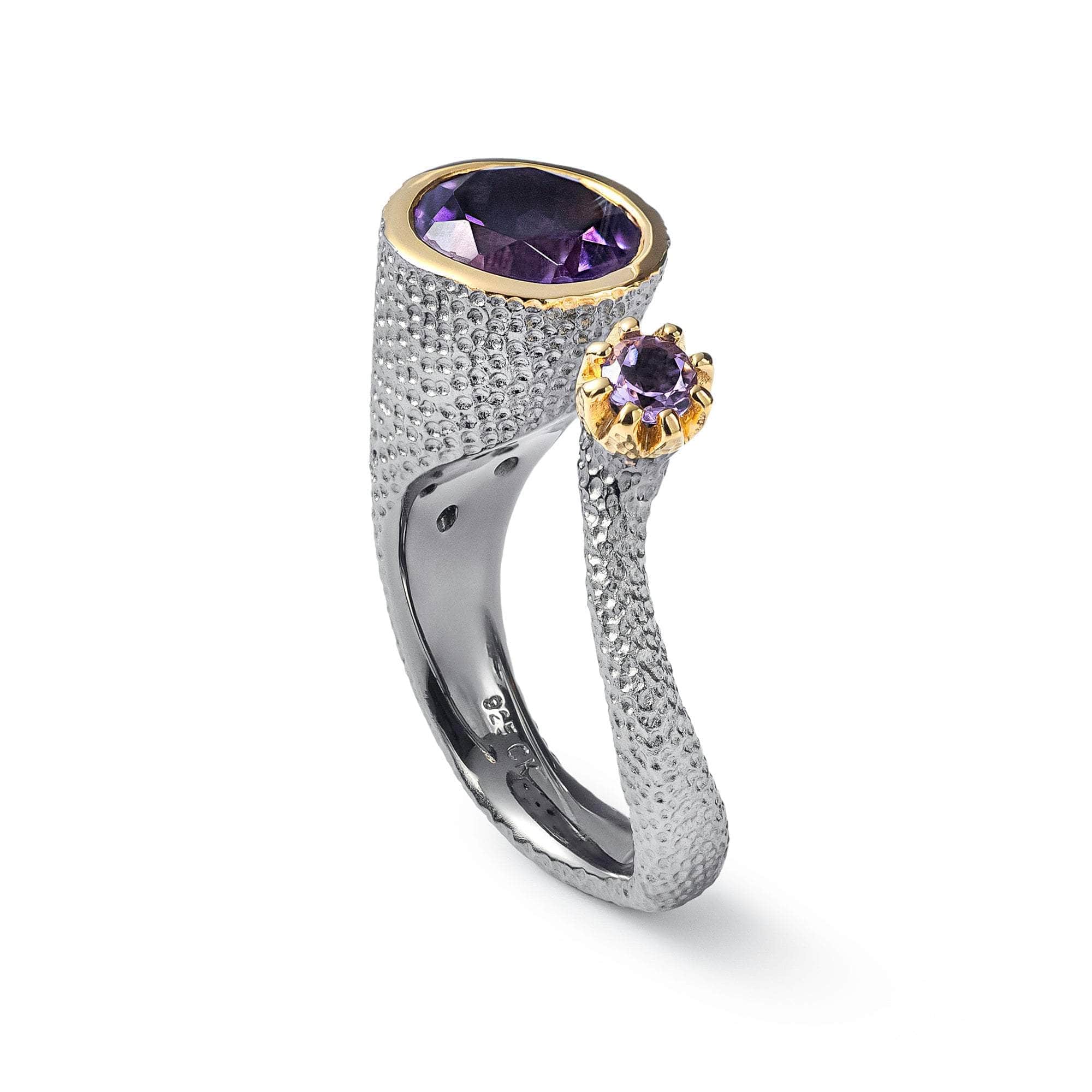 Tepoz Open Band Designer Silver Ring with Two Natural Round-Cut Amethyst Gems