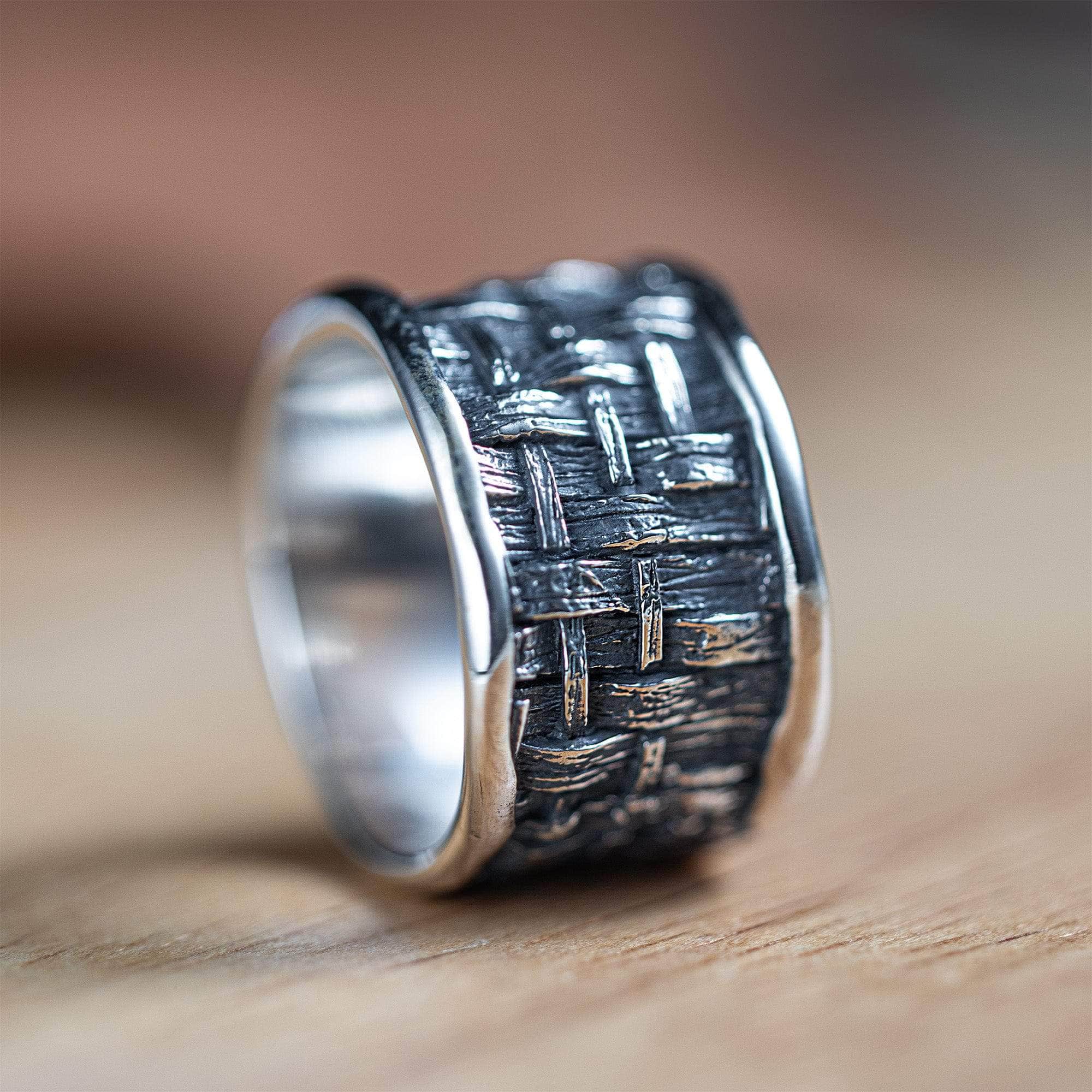 Tesserae Oxidized Sterling Silver Ring with Handcrafted Texture