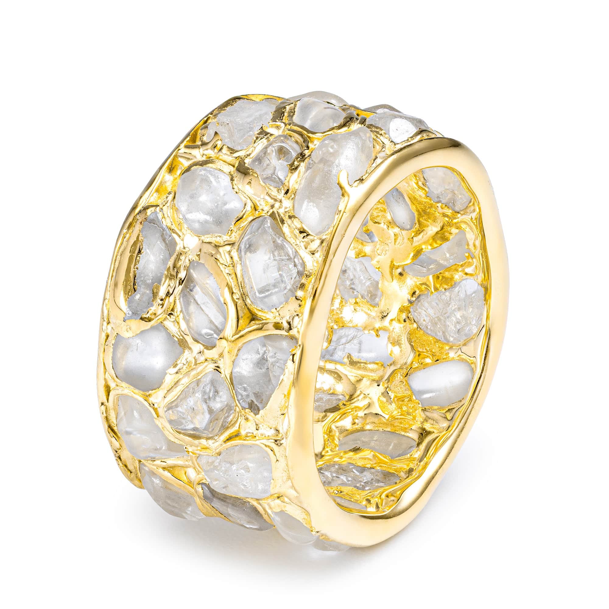 Thia Handcrafted Barrel Ring with Raw Natural White Zircon Mosaic in 14K Gold Plated Silver