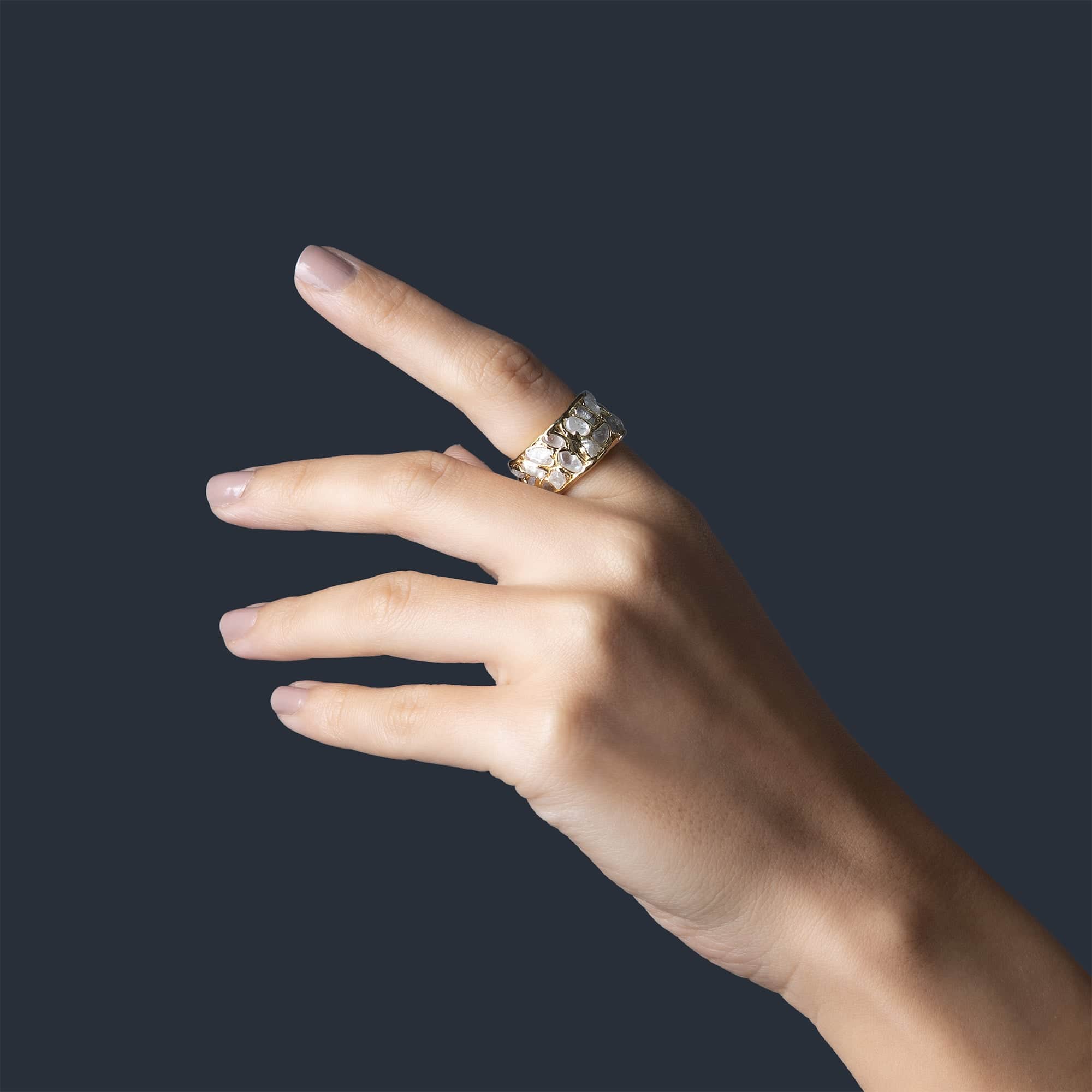 Thia Handcrafted Barrel Ring with Raw Natural White Zircon Mosaic in 14K Gold Plated Silver