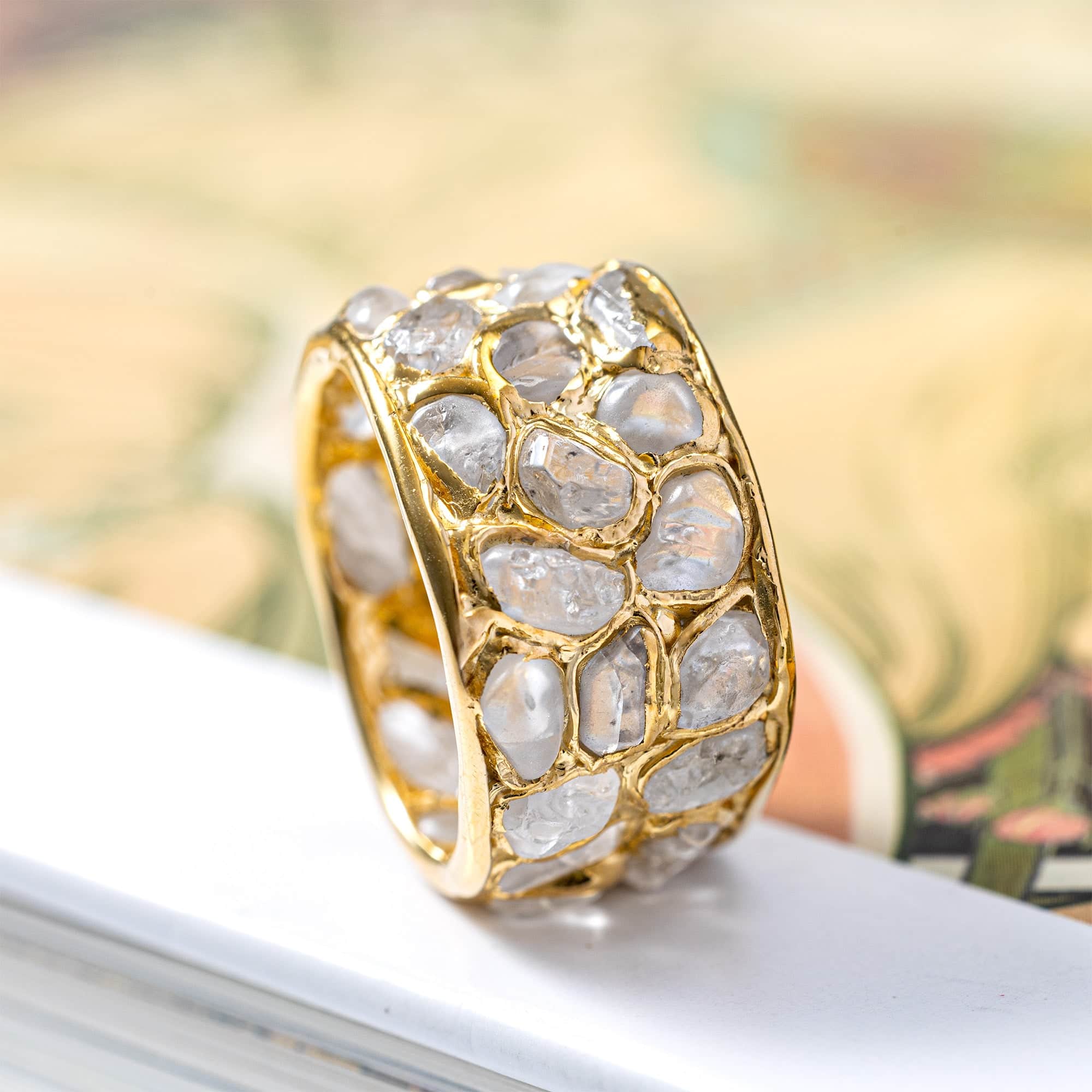 Thia Handcrafted Barrel Ring with Raw Natural White Zircon Mosaic in 14K Gold Plated Silver