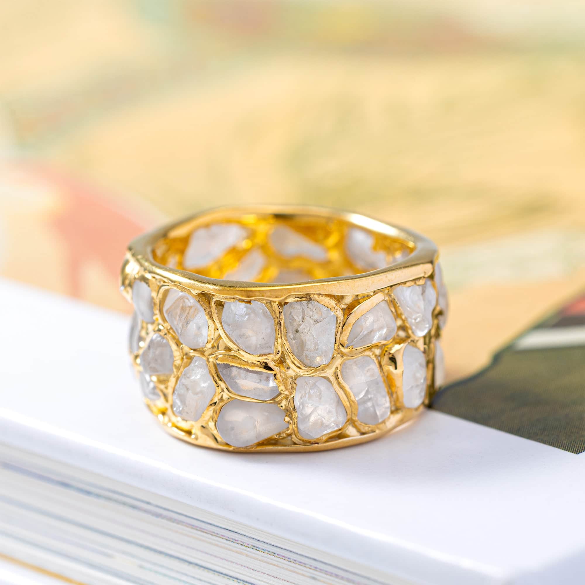 Thia Handcrafted Barrel Ring with Raw Natural White Zircon Mosaic in 14K Gold Plated Silver
