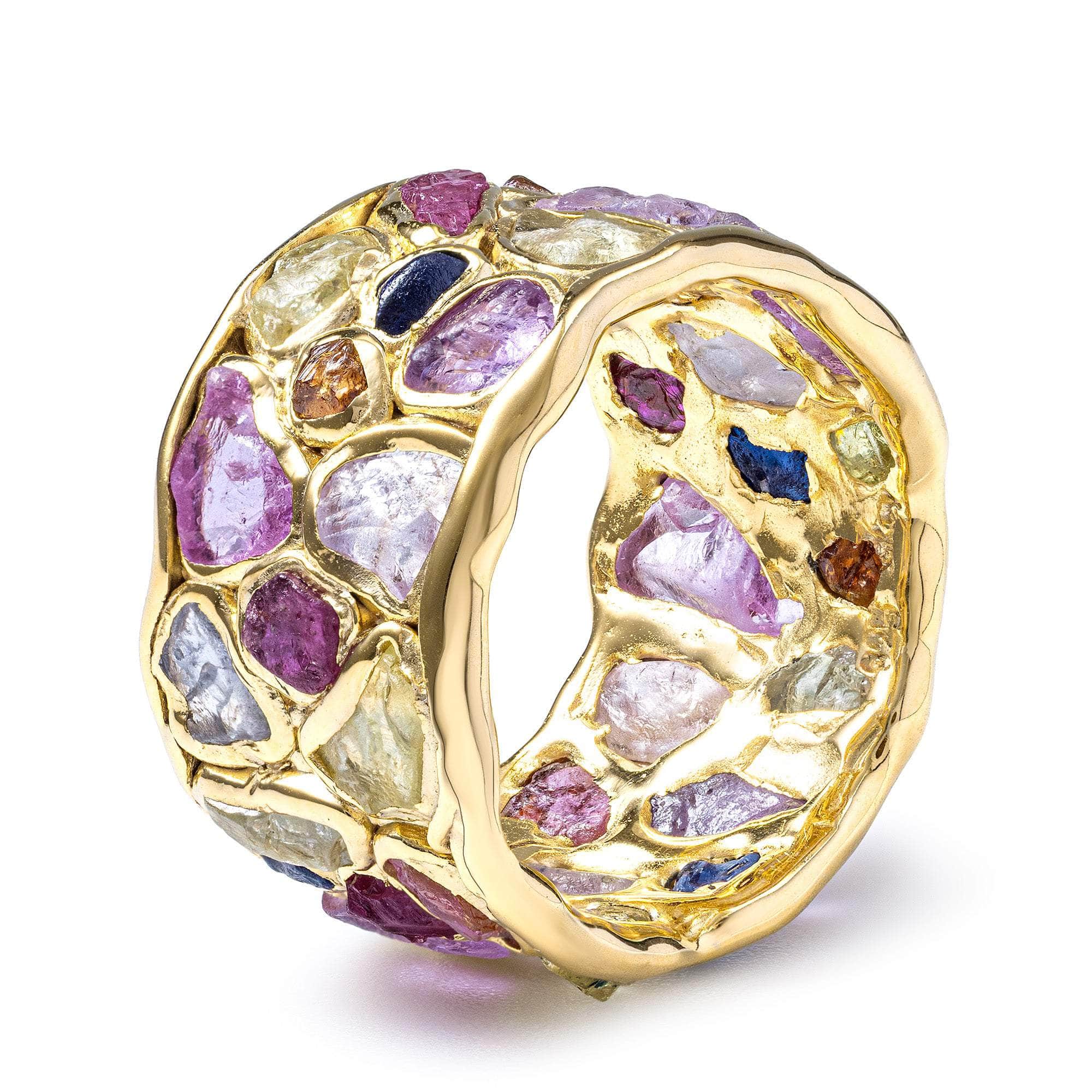 Thunder Handmade Barrel Ring in 925 Silver with Raw Sapphire, Ruby, Tsavorite & Chrysoberyl