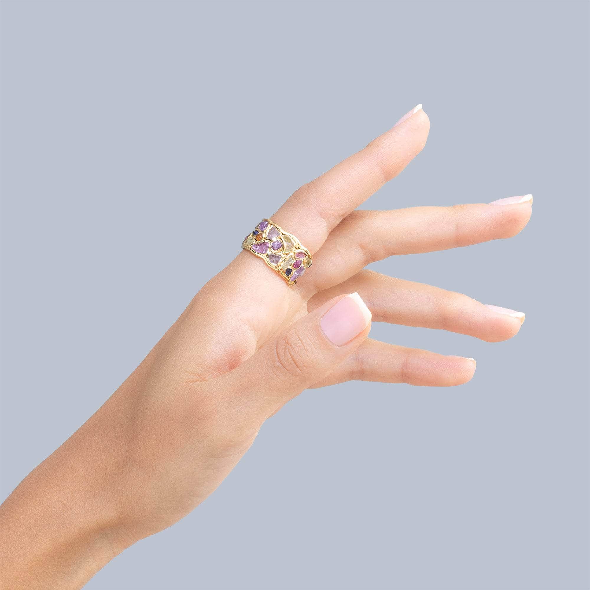 Thunder Handmade Barrel Ring in 925 Silver with Raw Sapphire, Ruby, Tsavorite & Chrysoberyl