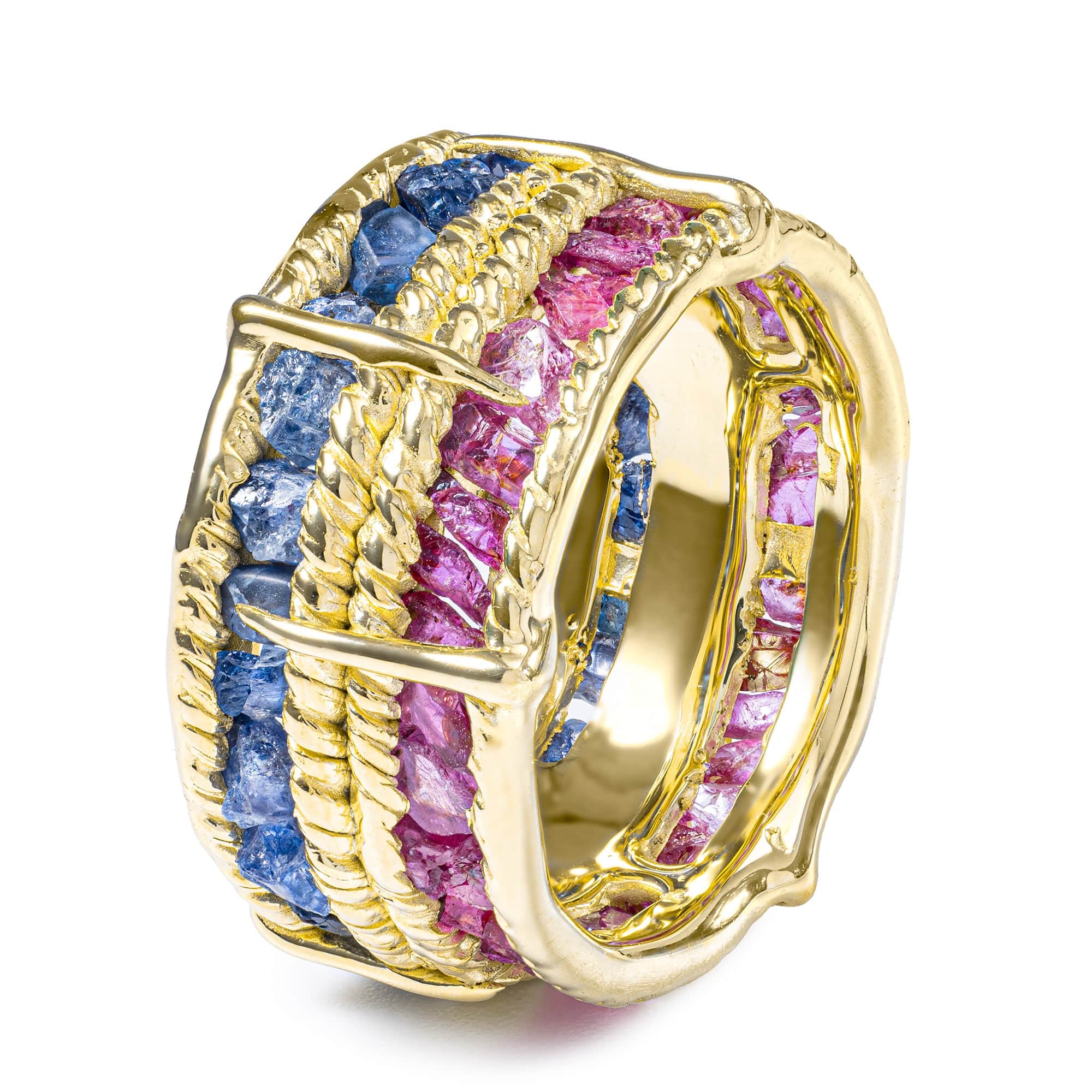Tyra Handcrafted Barrel Ring with Raw Blue Sapphire & Ruby in 14K Gold Plated Silver