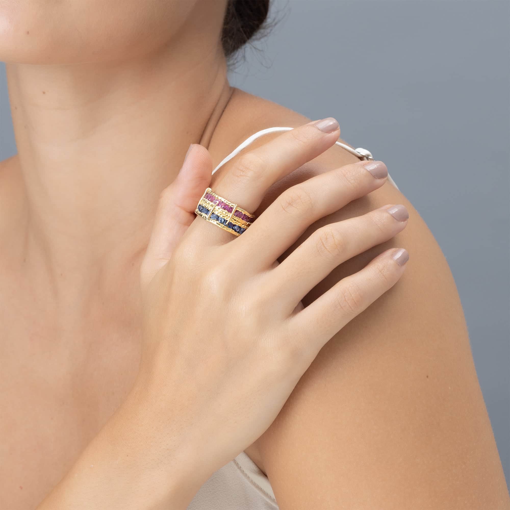 Tyra Handcrafted Barrel Ring with Raw Blue Sapphire & Ruby in 14K Gold Plated Silver