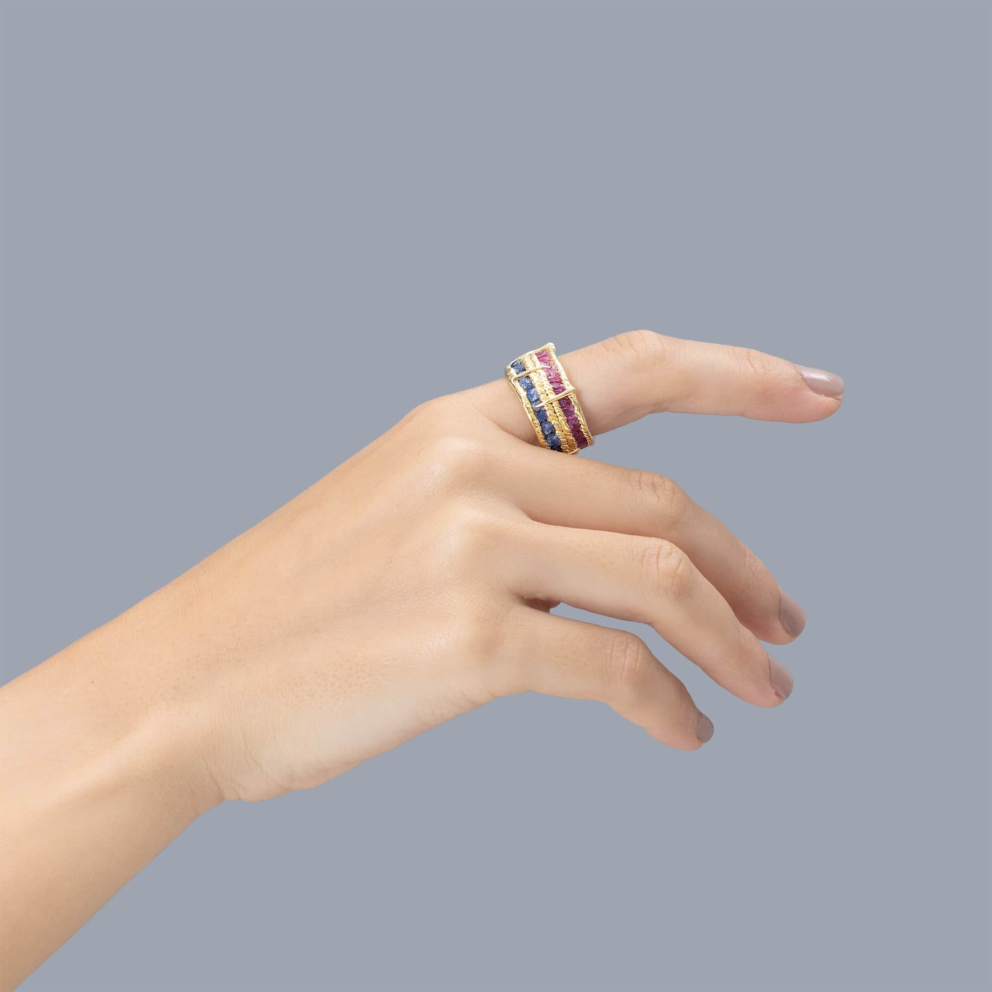 Tyra Handcrafted Barrel Ring with Raw Blue Sapphire & Ruby in 14K Gold Plated Silver